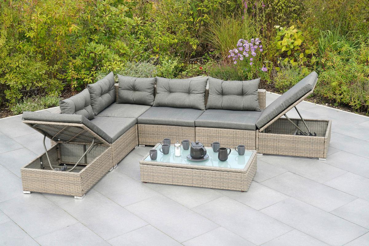Loungegarnitur 7-Tlg. Vilemanzano aus Kunststoff - Naturfarben/Grau, MODERN, Glas/Kunststoff - Gardenson