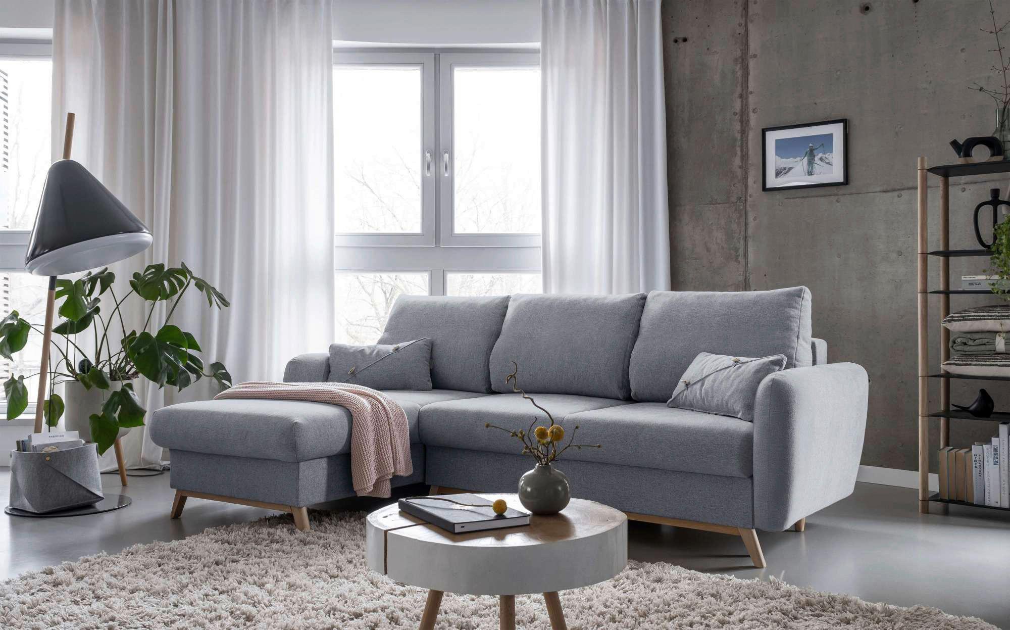 Sedačka LUCILE S, ľavá, sv.sivá, úl.priestor a lôžko - prírodná farba/svetlosivá, drevo/textil (157/235cm) - MID.YOU