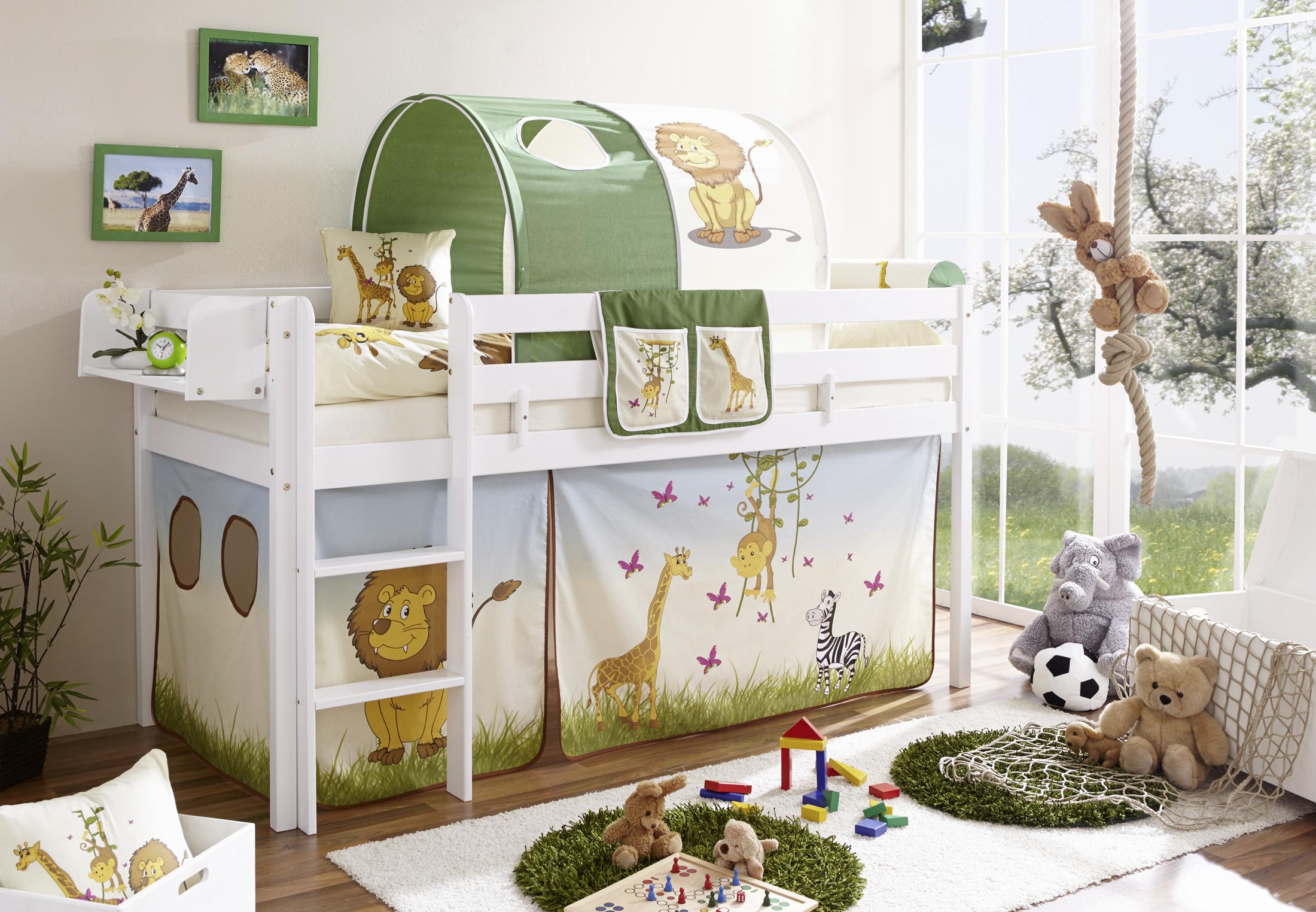 Kinderbett Malte 90x200cm Holz Massiv Weiß/Safari mit Vorhang