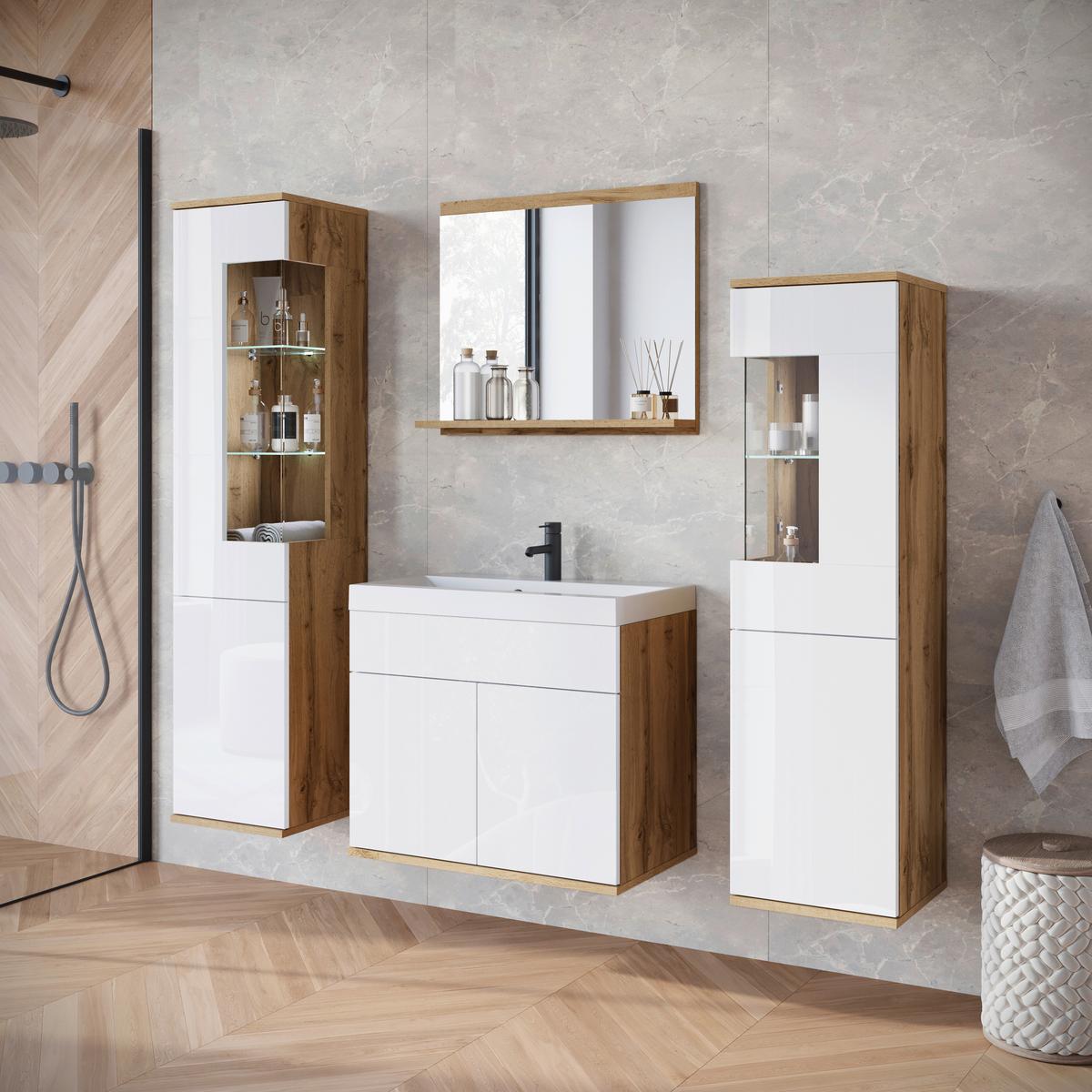 Badezimmer Narobi Eiche Wotan/Weiß B: 120,4 cm - Weiß Hochglanz/Eiche Wotan, Trend, Glas/Keramik (120,4cm) - P & B