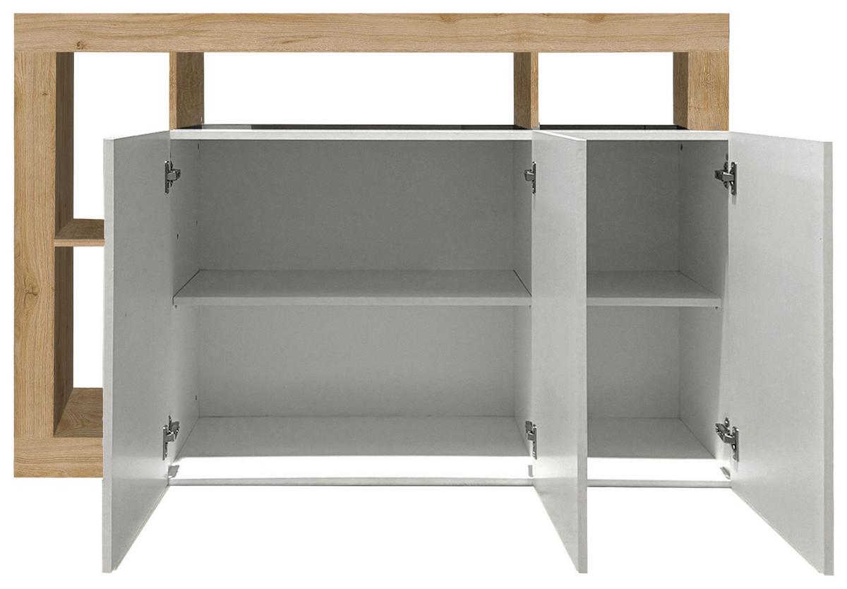 Sideboard Hamburg Eiche Dekor, Weiß Hg B: 146cm - Weiß Hochglanz/Eichefarben, MODERN, Holzwerkstoff (146/93/42cm)