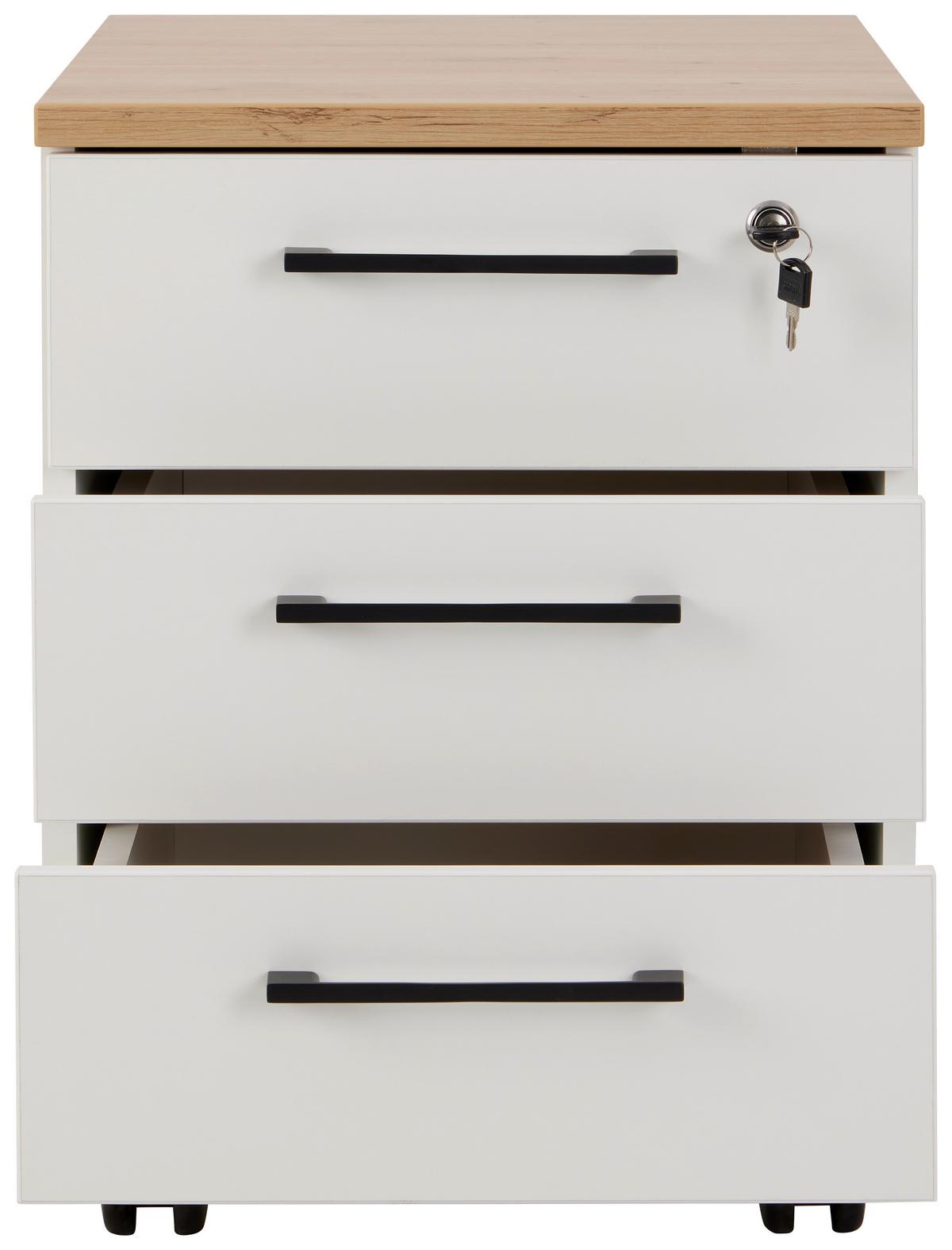Rollcontainer  Weiss Eiche Dekor, Abschließbar - Eichefarben/Weiß, MODERN, Holzwerkstoff (43/58.4/55.3cm)