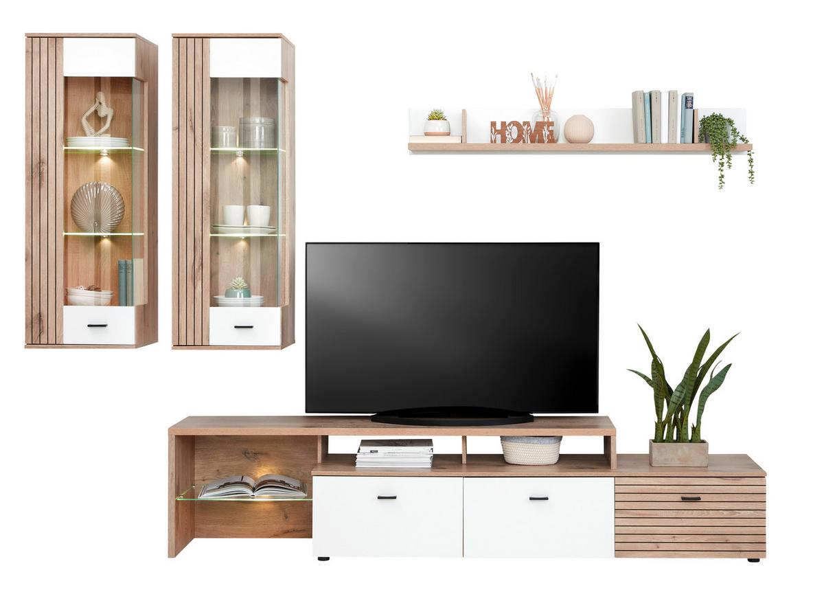 Tv-lowboard Liverpool B: 239 Cm Weiß/eichefarben - Eichefarben/Schwarz, MODERN, Glas/Holzwerkstoff (239/52/44cm)