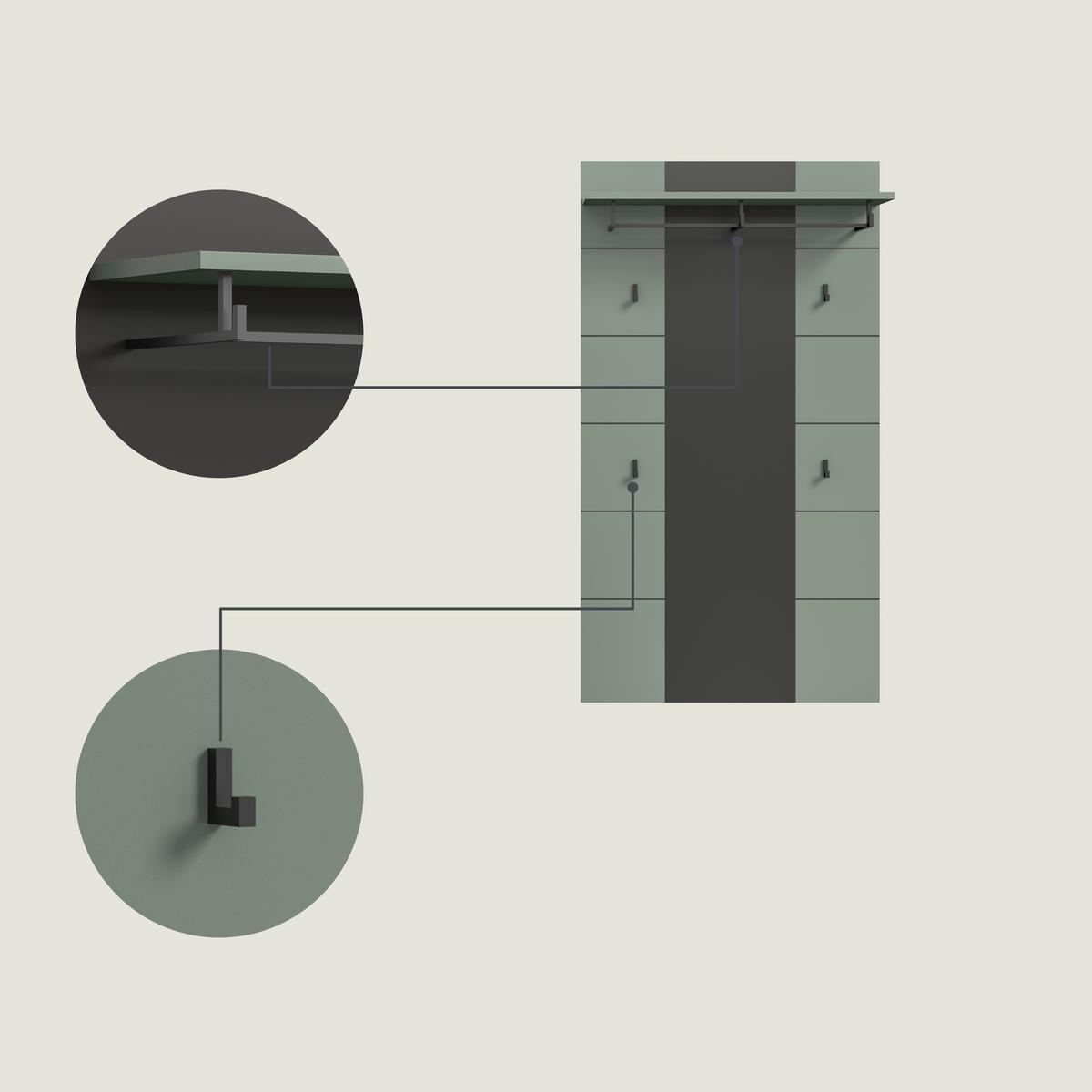 Garderobe Canu 3-Teilig Grau/Grün B: 215 cm - Graugrün/Grau, Design, Holzwerkstoff (215/190/37cm) - Livetastic