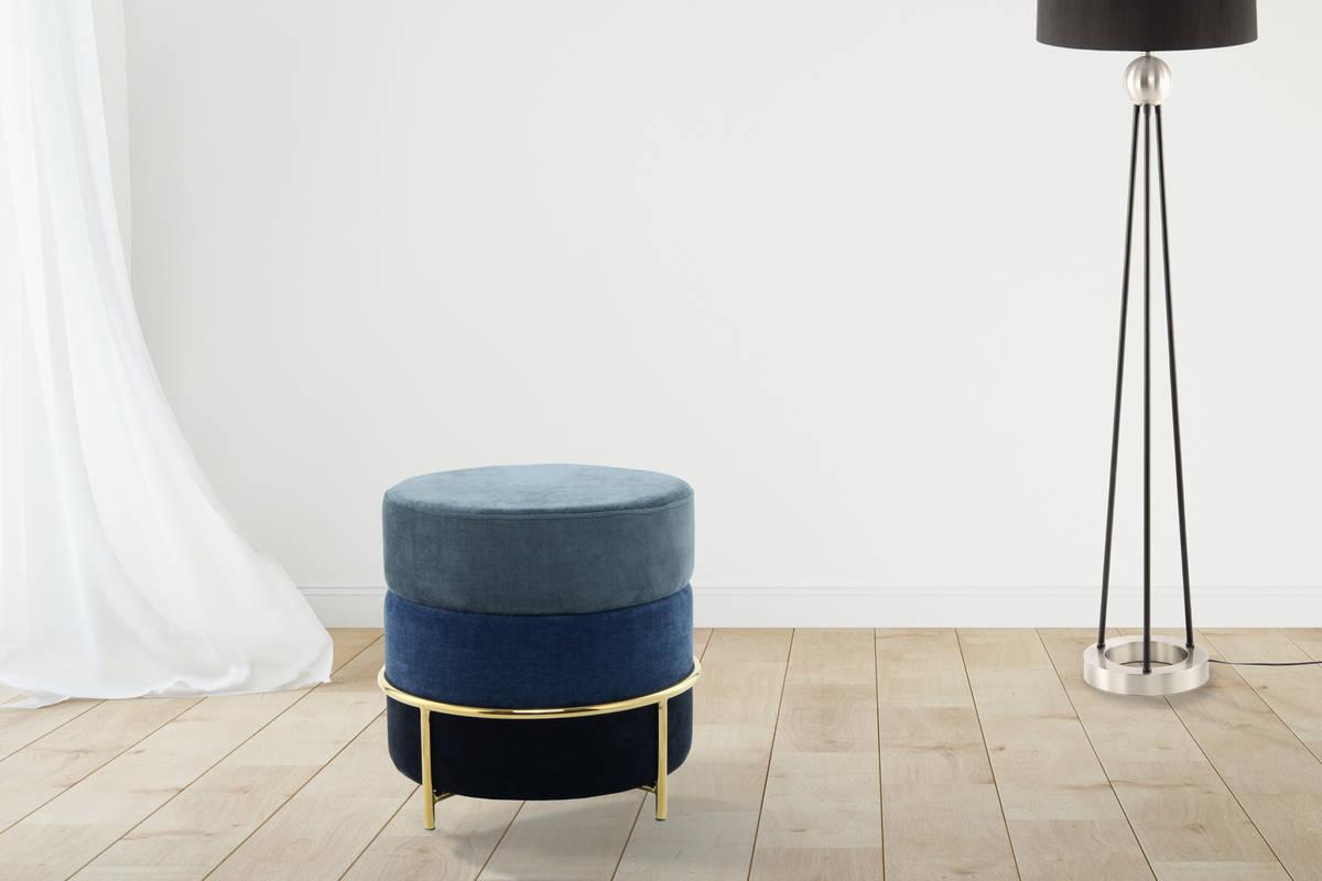 Hocker Pouf Struktur Blau H: 46 cm Rund - Blau/Goldfarben, Basics, Holzwerkstoff/Textil (48,5/46/48,5cm) - Kayoom