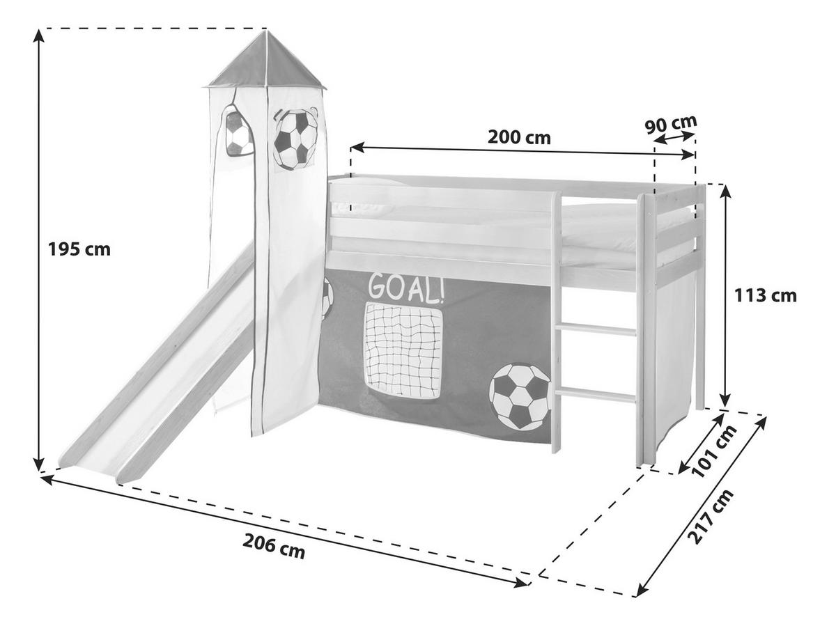 Vyvýšená postel KASPER závěs zelený - barvy borovice/zelená, Natur, dřevo (90/200cm) - MID.YOU