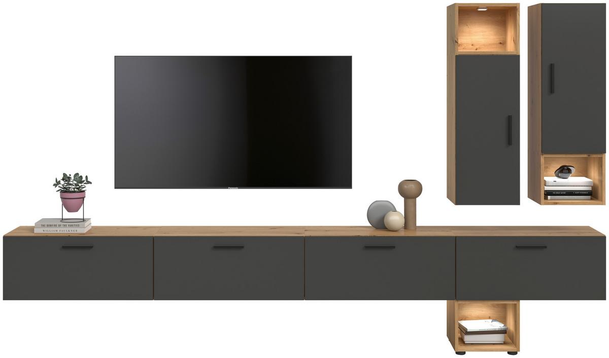 Wohnwand, The One 7, B: 300 cm Grau/Artisan Eiche Dekor - Schwarz/Eiche Artisan, Trend, Holzwerkstoff (300/178/34cm)