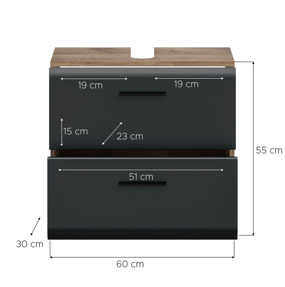 Waschbeckenunterschrank Ice Schwarz/Eiche Dekor B: 60cm - Eiche dunkel/Schwarz, Basics, Holzwerkstoff (60/55/30cm) - MID.YOU