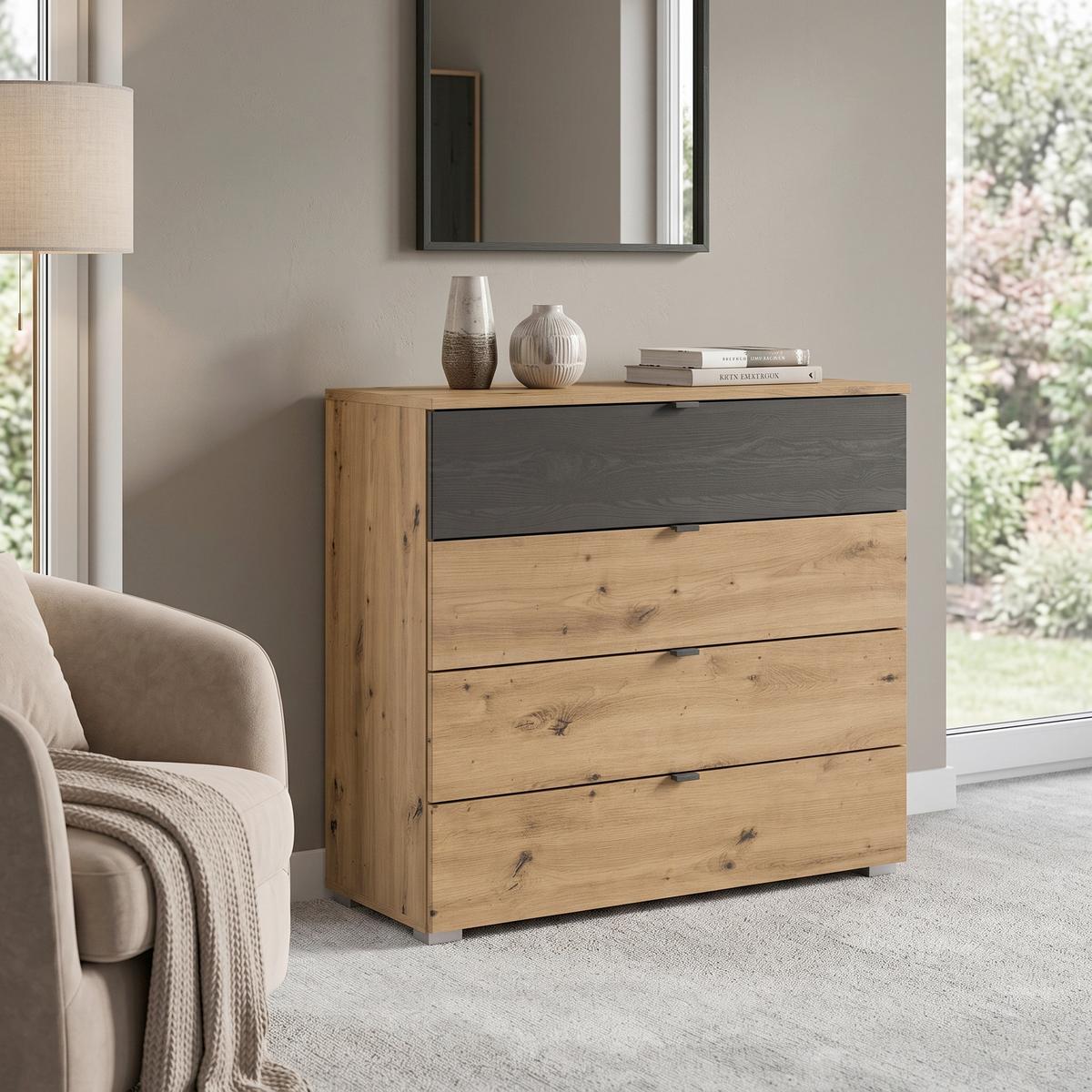 Kommode Apollon Schwarz/Eiche Artisan B: 80 cm - Alufarben/Schwarz, MODERN, Holzwerkstoff (80/81/42cm) - Rauch Möbel
