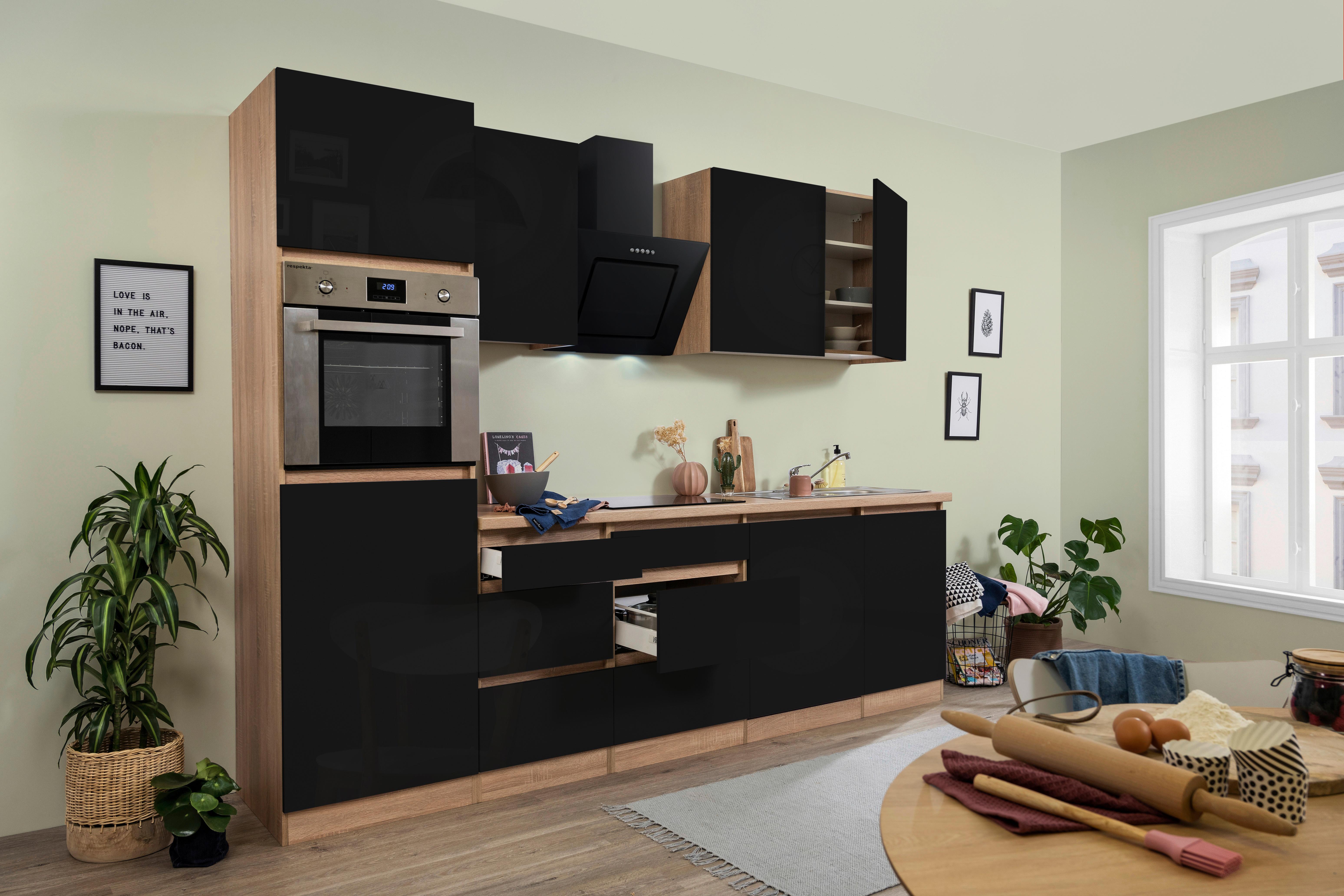 Küchenzeile Premium mit Geräten 280 cm Schwarz/Eiche Dekor
