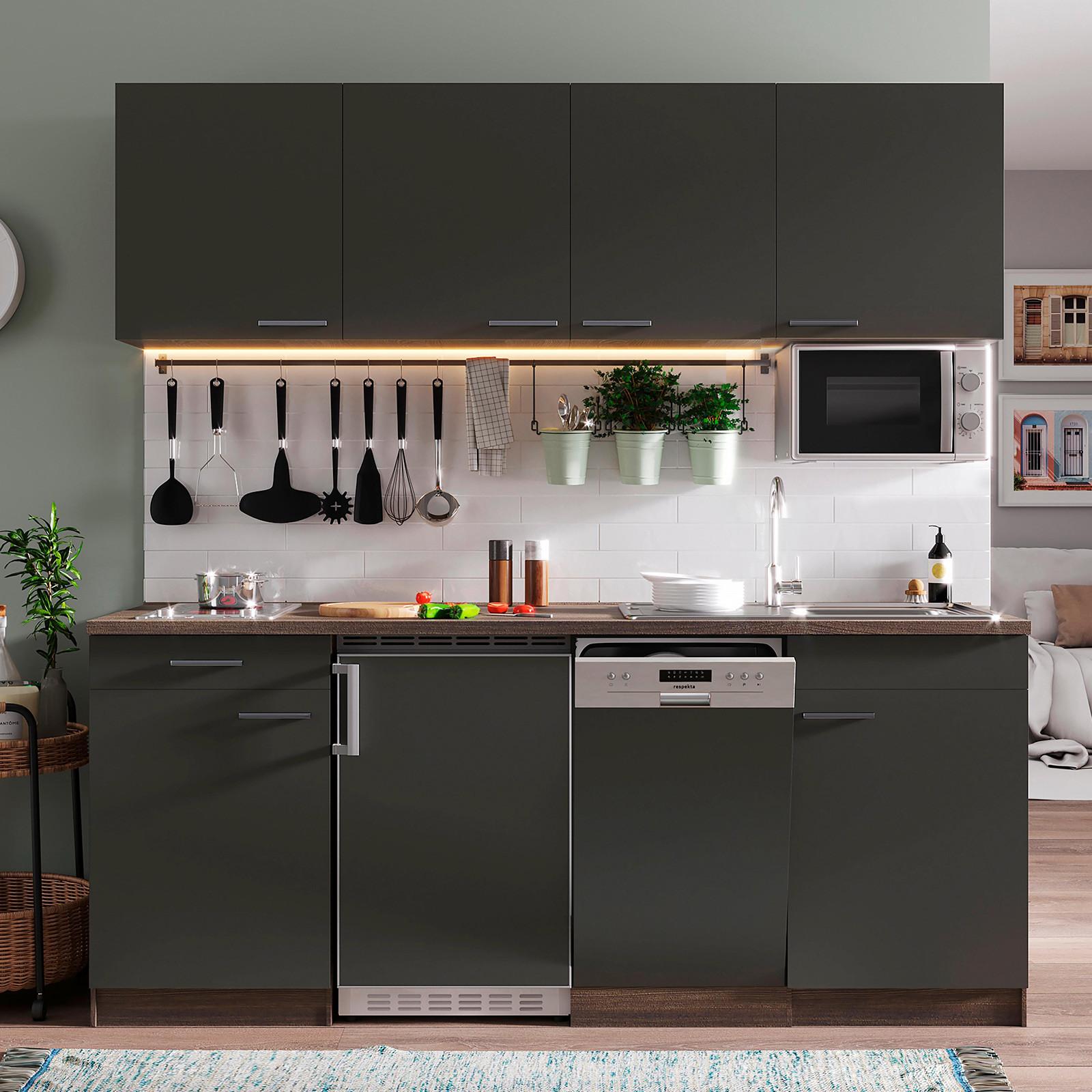 Küchenzeile Economy m. Geräten 195 cm Grau/Eiche Dekor modern - Eichefarben/Grau, Basics, Holzwerkstoff (195cm) - Respekta