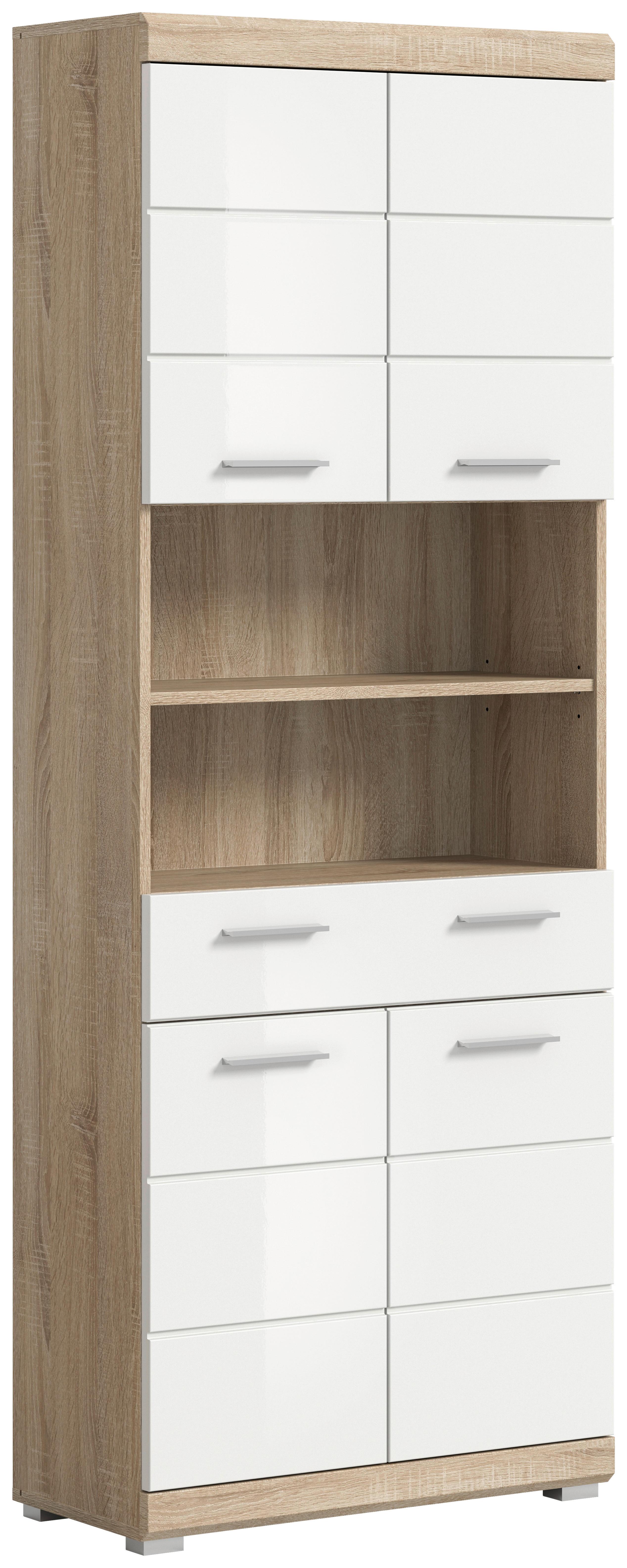 Hochschrank Lambada Weiß Hg Sonoma Eiche Dekor - Weiß Hochglanz/Silberfarben, MODERN, Holzwerkstoff (74/191/31cm) - MID.YOU