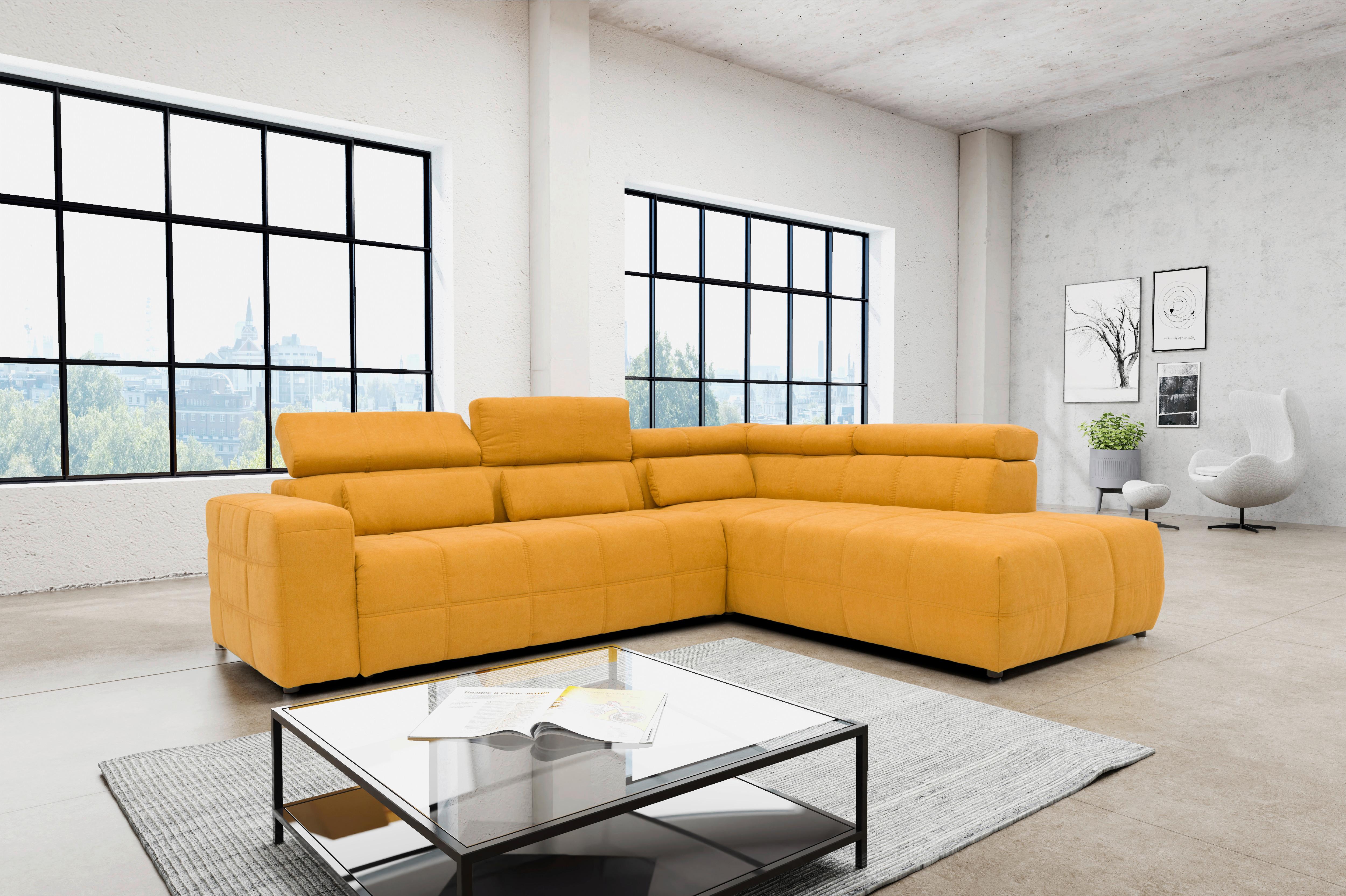 Ecksofa + Kopfteilverstellung Brandon Orange Mikrofaser - Schwarz/Orange, Design, Textil (275/228cm) - MID.YOU