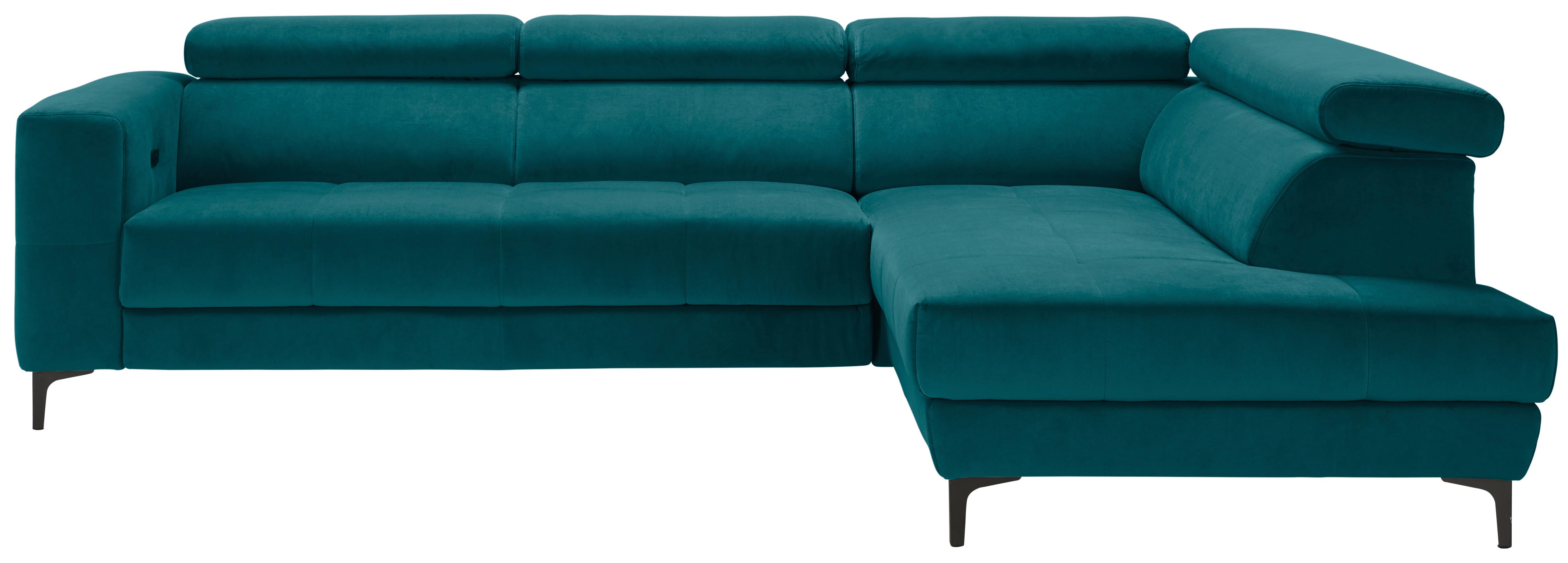 Rohová sedačka EMMA, pravá, petrolej.,op.hl.,USB,el.výsuv - petrolej/černá, Moderní, textil (301/210cm) - Premium Living