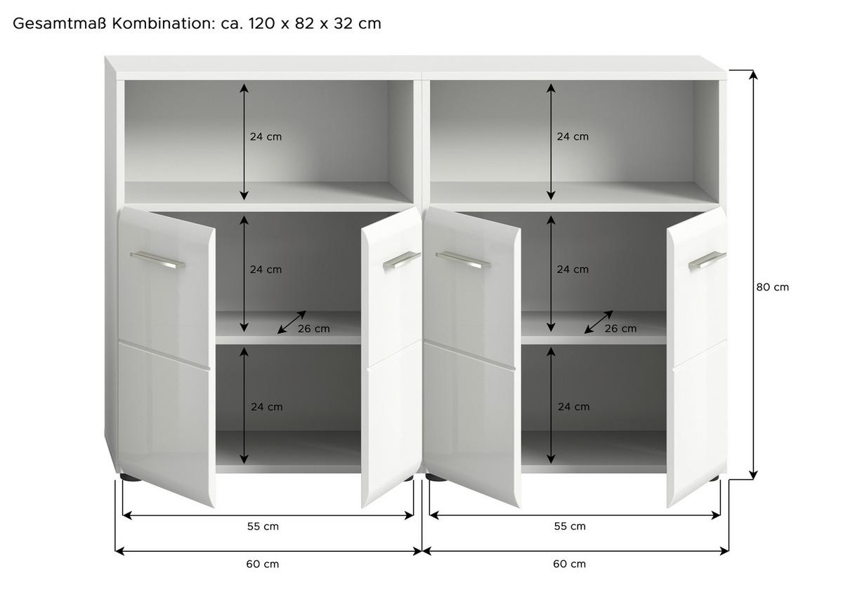 Midischrank Ice Weiß Hg B: 120 Cm - Weiß Hochglanz/Schwarz, MODERN, Holzwerkstoff (120/80/30cm) - MID.YOU