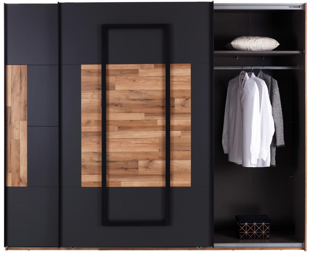 Schwebetürenschrank + LED 270cm , Graphit/Eiche Dekor - Eichefarben/Graphitfarben, KONVENTIONELL, Holzwerkstoff (270/225,5/60cm) - James Wood