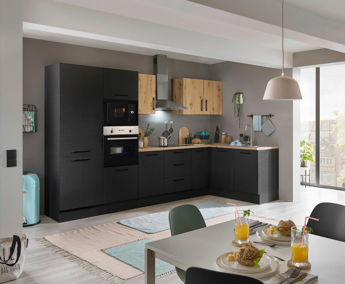 Eckküche Turin Schwarz/Eiche Dekor 330x165 cm - Schwarz/Eiche Artisan, Basics, Holzwerkstoff (330/165cm) - MID.YOU