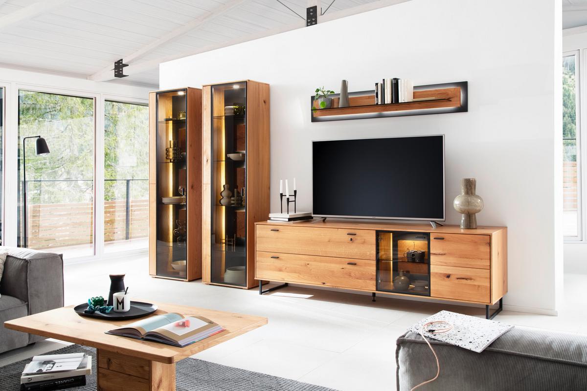 Wohnwand Assini 4-Teilig Wildeiche B: 359 cm - Wildeiche/Schwarz, Design, Glas/Holz (359/206/50cm) - MID.YOU