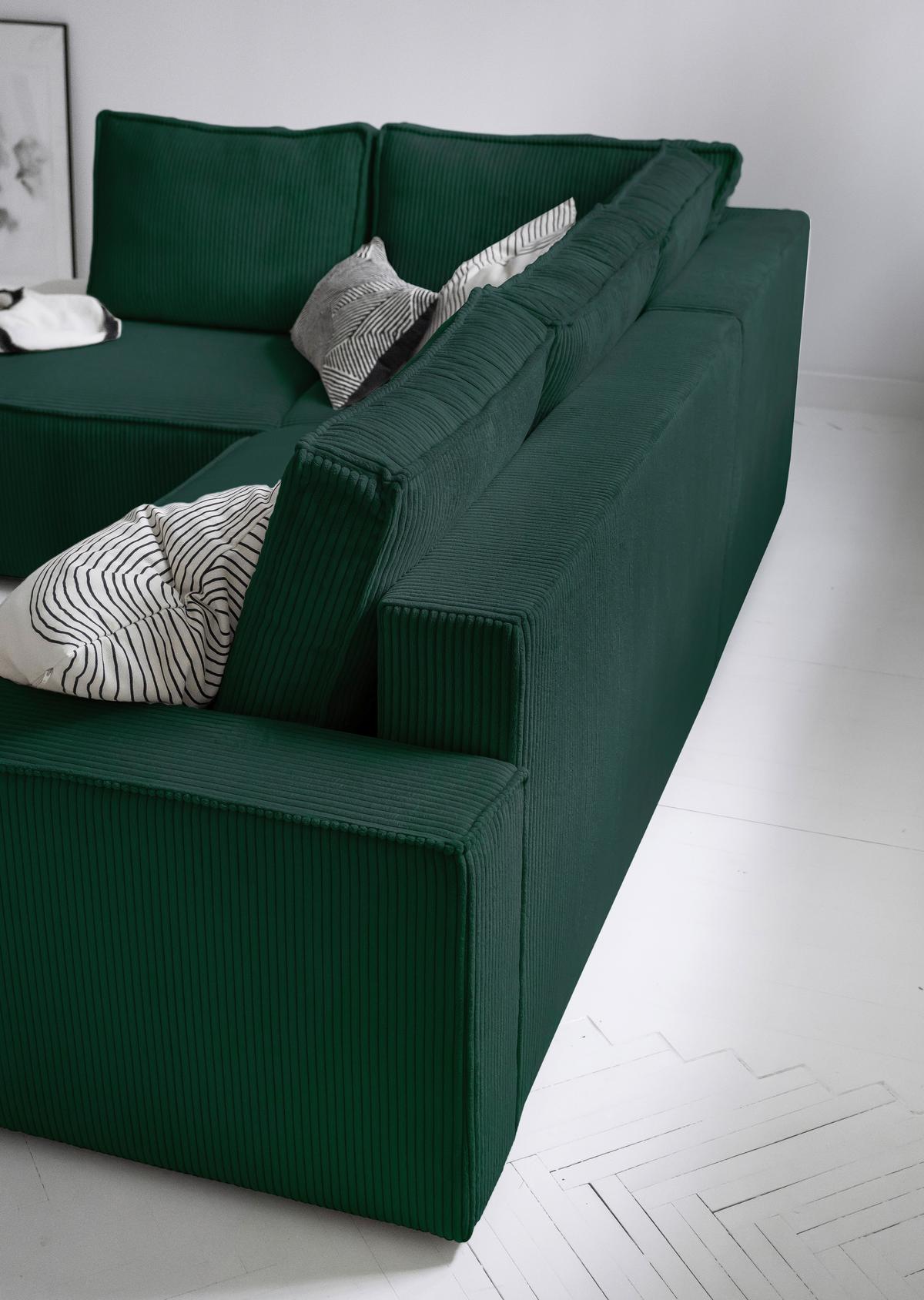 Sedačka OLIVER, levá, tmavě zelená barva - černá/tmavě zelená, Design, textil/plast (194/247cm) - MID.YOU