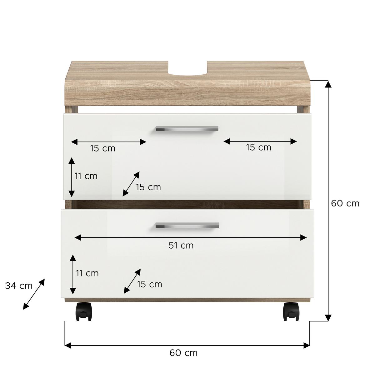 WASCHBECKENUNTERSCHRANK Eiche Dekor/Weiß B: 60cm - Weiß Hochglanz/Schwarz, Trend, Holzwerkstoff (60/60/34cm) - MID.YOU