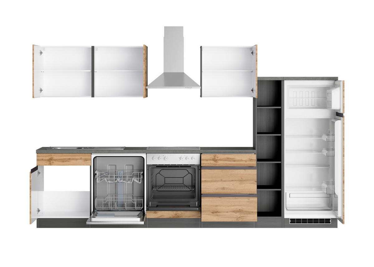 Küchenzeile Turin mit Geräte B: 330 cm Graphit/Eiche Dekor - Eiche Wotan/Graphitfarben, Design, Holzwerkstoff (330cm) - Held