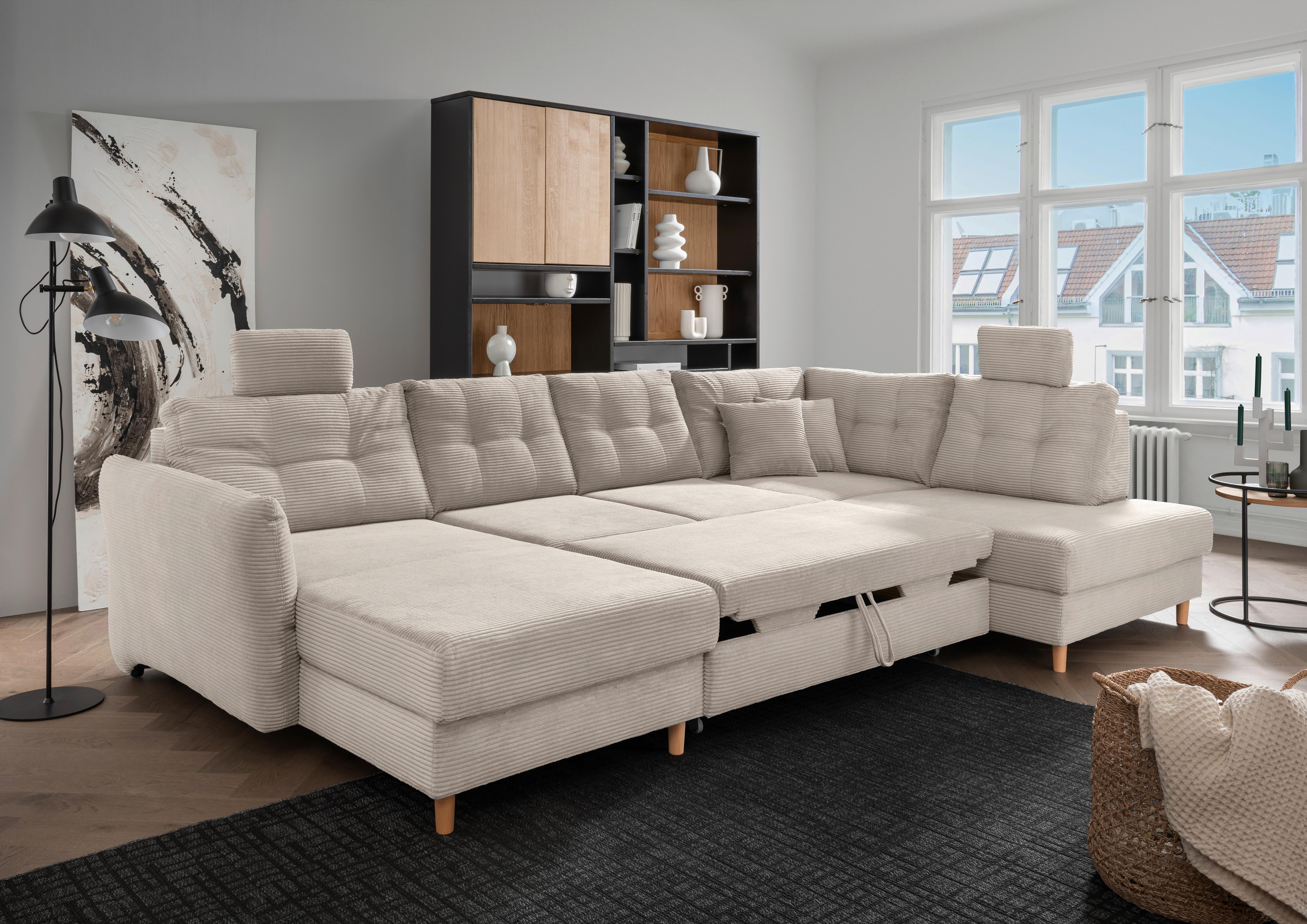 Wohnlandschaft Brizzini mit Schlaffunktion, Beige - Beige/Naturfarben, MODERN, Textil (176/338-352/206cm) - Livetastic