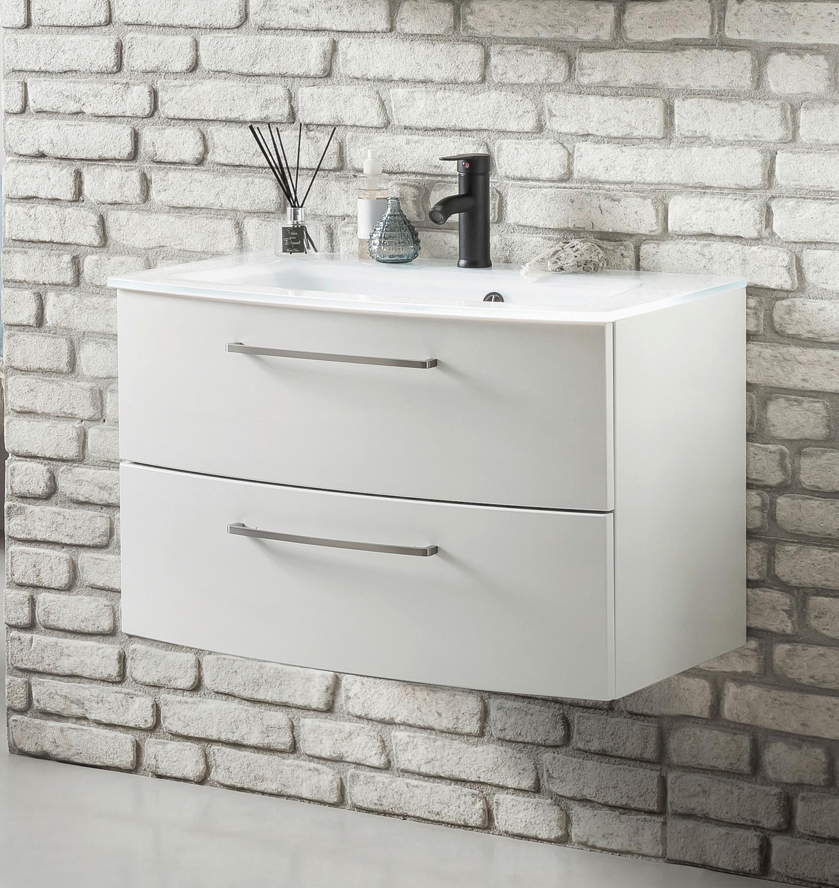 Waschbecken mit Unterschrank Stockholm B: 80cm, Weiß Dekor - Weiß, KONVENTIONELL, Glas/Holzwerkstoff (80cm) - Held