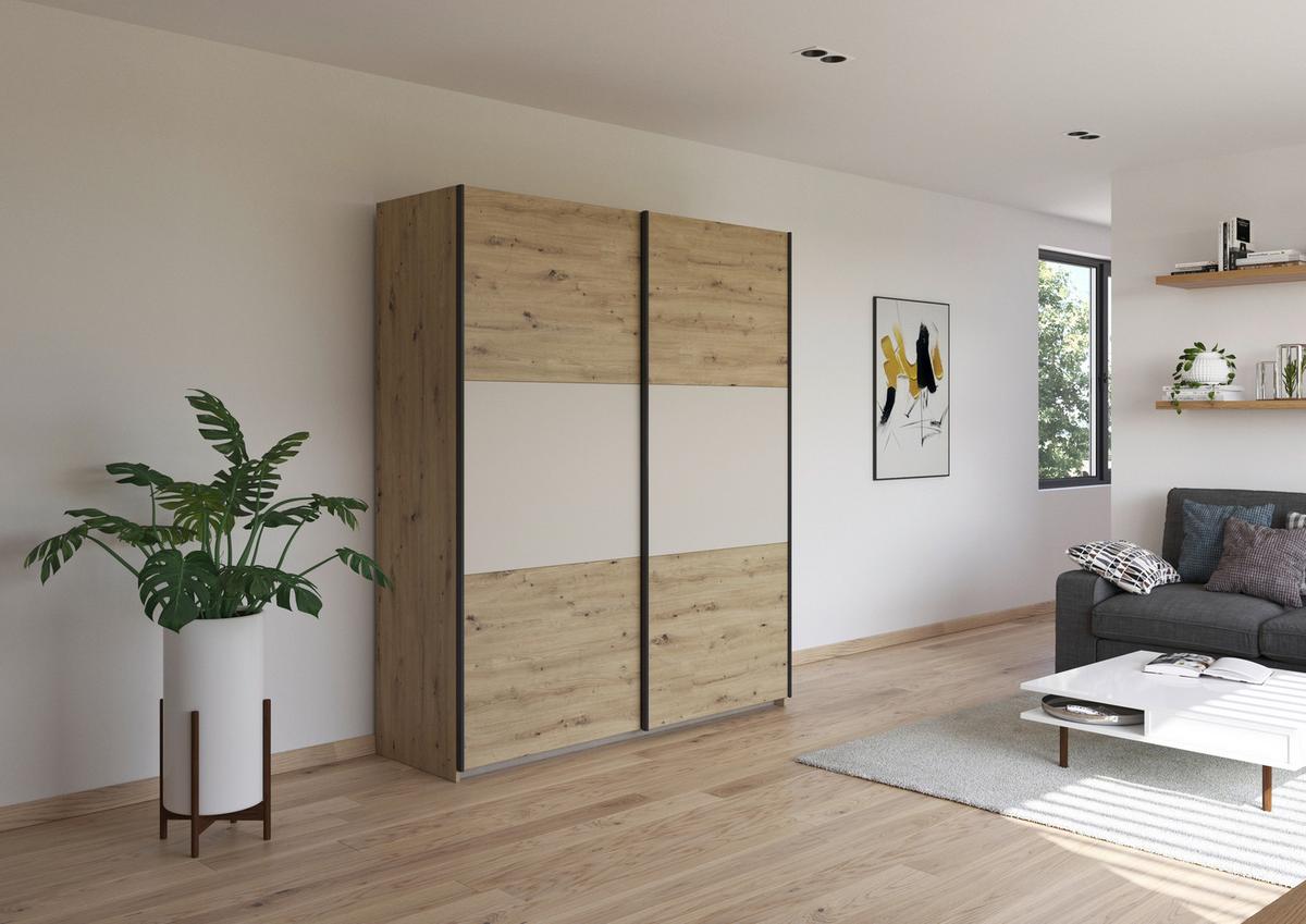 Schwebetürenschrank Neo Champagner Eiche Artisan Dekor - Champagner/Alufarben, MODERN, Holzwerkstoff (175/210/59cm) - Rauch Möbel