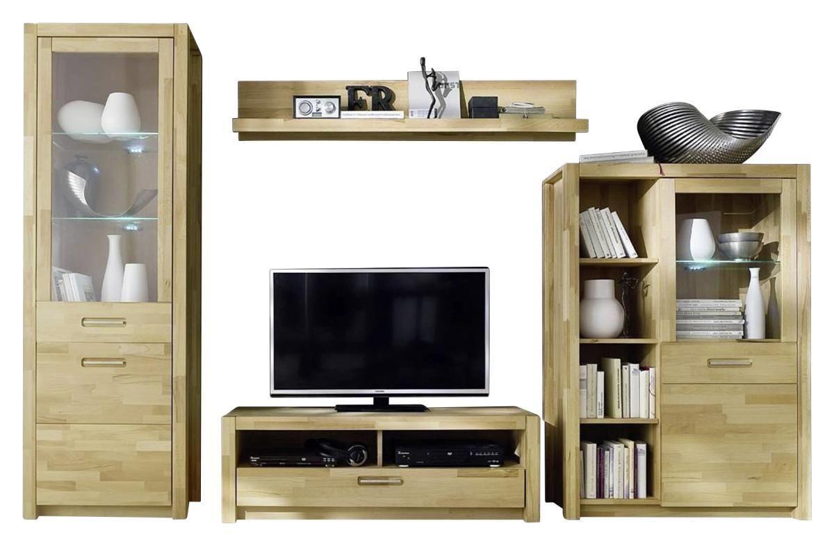 Wohnwand Buche Massiv 4 -Teilig. mit Led Fenja - Buchefarben, Design, Glas/Holz (309/203/46cm) - MID.YOU
