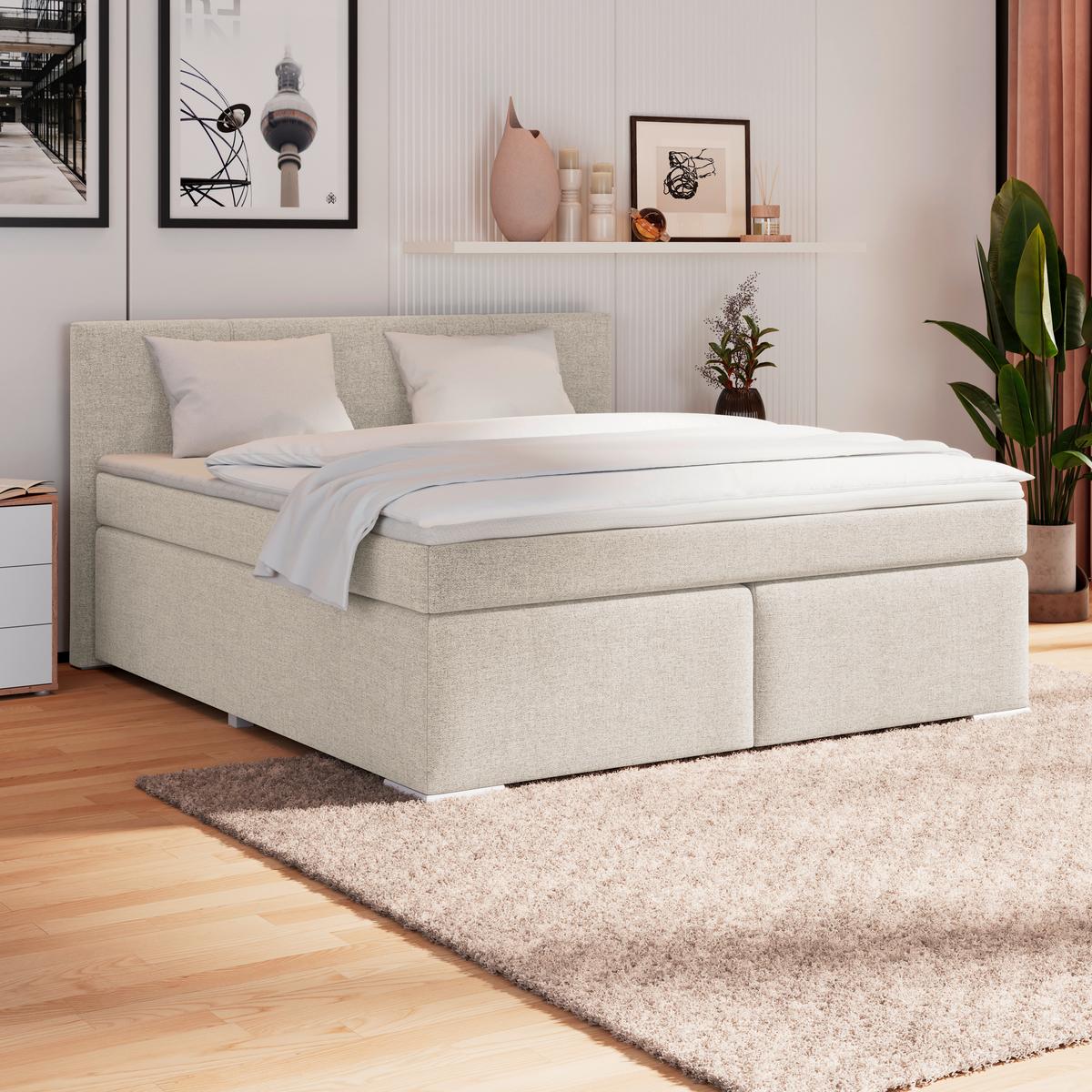 Boxspringbett Mira I Nordic, Lf: 160x200 cm - Creme/Alufarben, Basics, Textil (160/200cm)