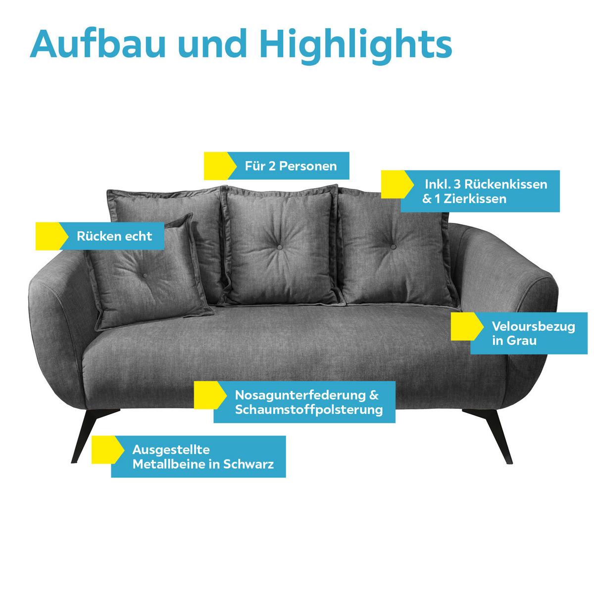 2,5-Sitzer-Sofa Baggio mit Kissen Grau - Schwarz/Grau, MODERN, Holz/Textil (196/94/103cm) - Livetastic