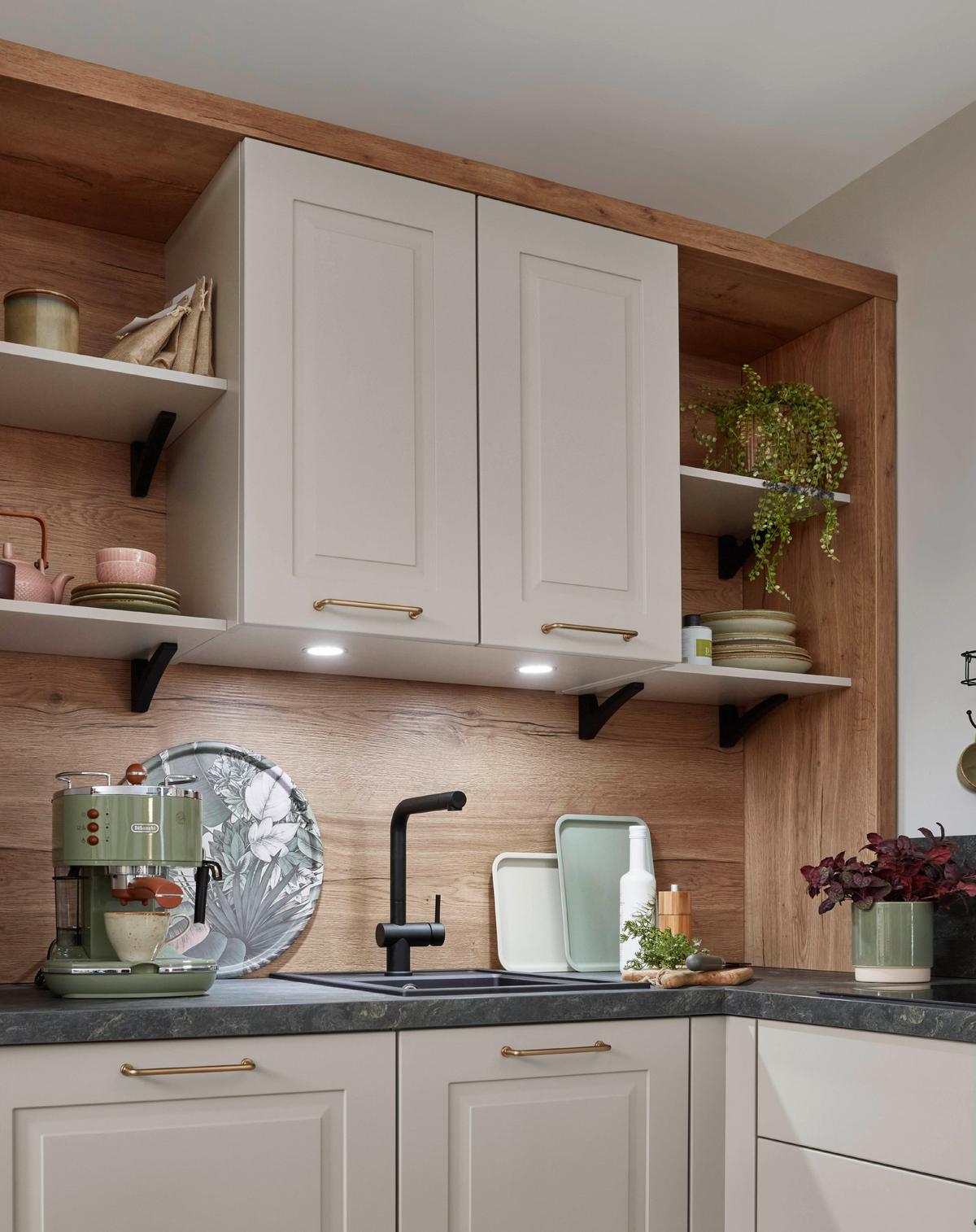 Eckküche Springfield - Sandfarben/Grasgrün, ROMANTIK / LANDHAUS, Holzwerkstoff (270/165cm) - Vertico