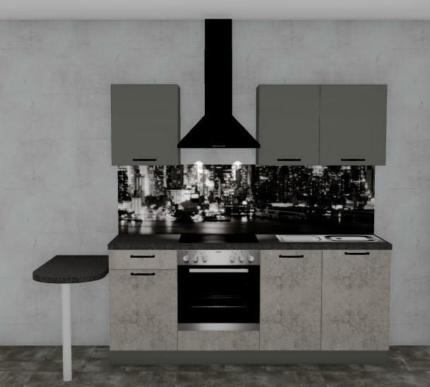 Moderner Küchenblock mit Dunstabzugshaube und Spüle auf der rechten Seite