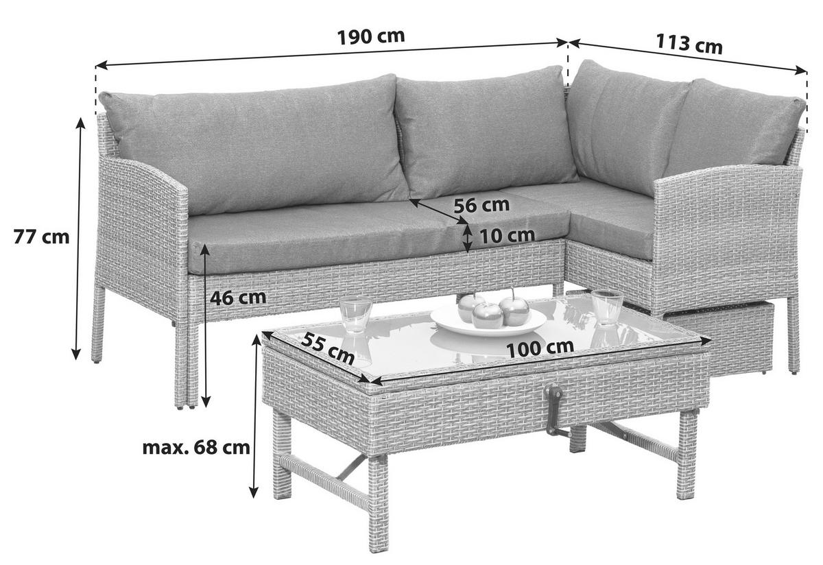 Loungegarnitur Viletta Aus Kunststoffgeflecht mit Kissen - Beige, MODERN, Glas/Kunststoff (190/113cm) - Gardenson