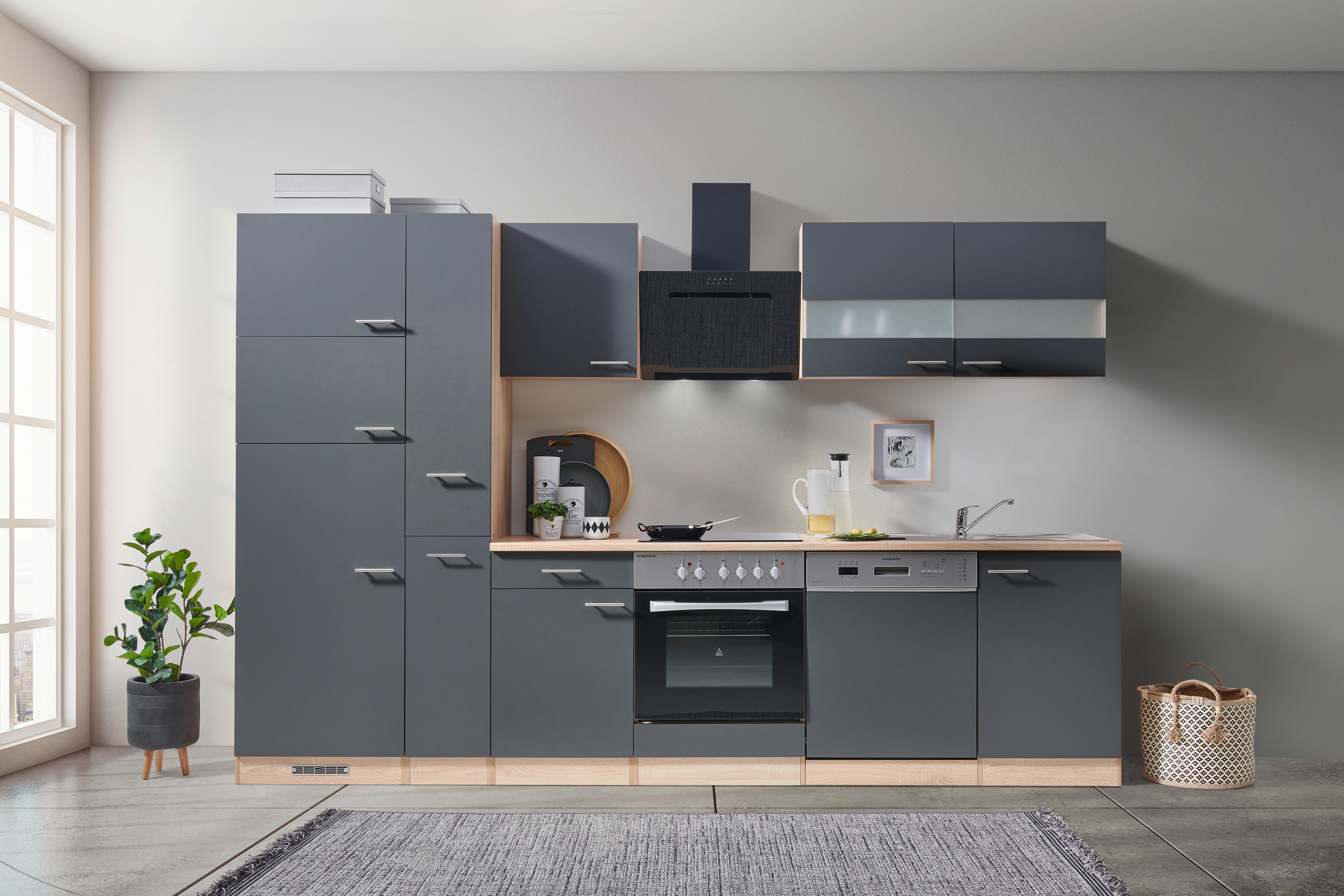 Küchenzeile Economy mit Geräten 310 cm Grau/Eiche Dekor Modern - Eichefarben/Grau, Basics, Holzwerkstoff (310cm) - Respekta