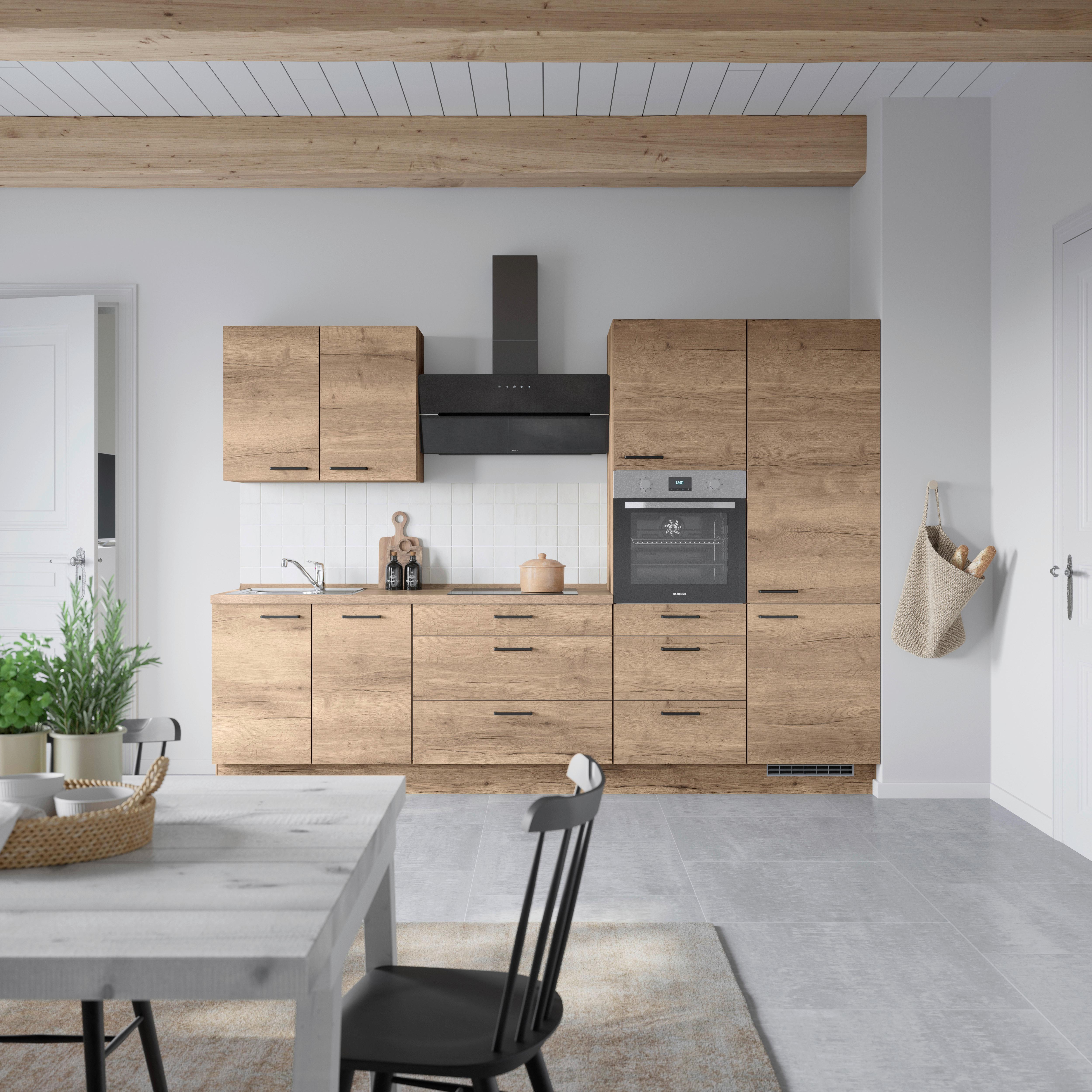 Kuchyňská linka 300 cm, dekor dub Havanna - černá/tmavý dub, Moderní, kov/kompozitní dřevo (300cm) - Nobilia
