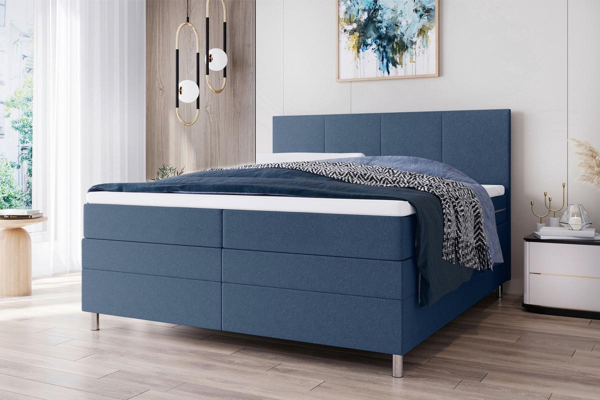 Boxspringbett mit Topper und Bettkasten 160x200 cm Messina - Chromfarben/Blau, KONVENTIONELL, Textil (160/200cm)