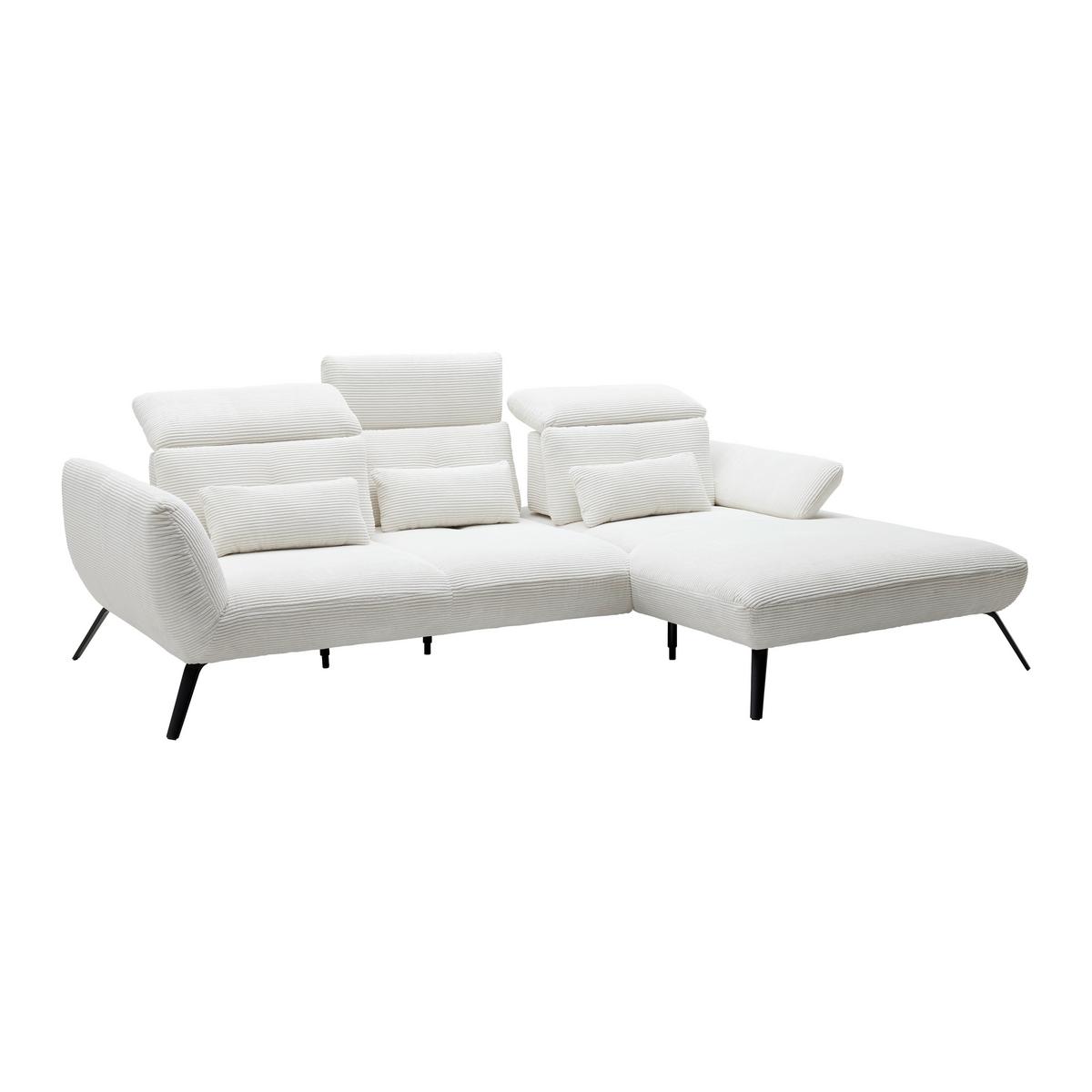 Sedačka SEATTLE, pravá, bílý manšestr, bez polštářů - bílá/černá, Moderní, kov/kompozitní dřevo (301/196cm) - Premium Living