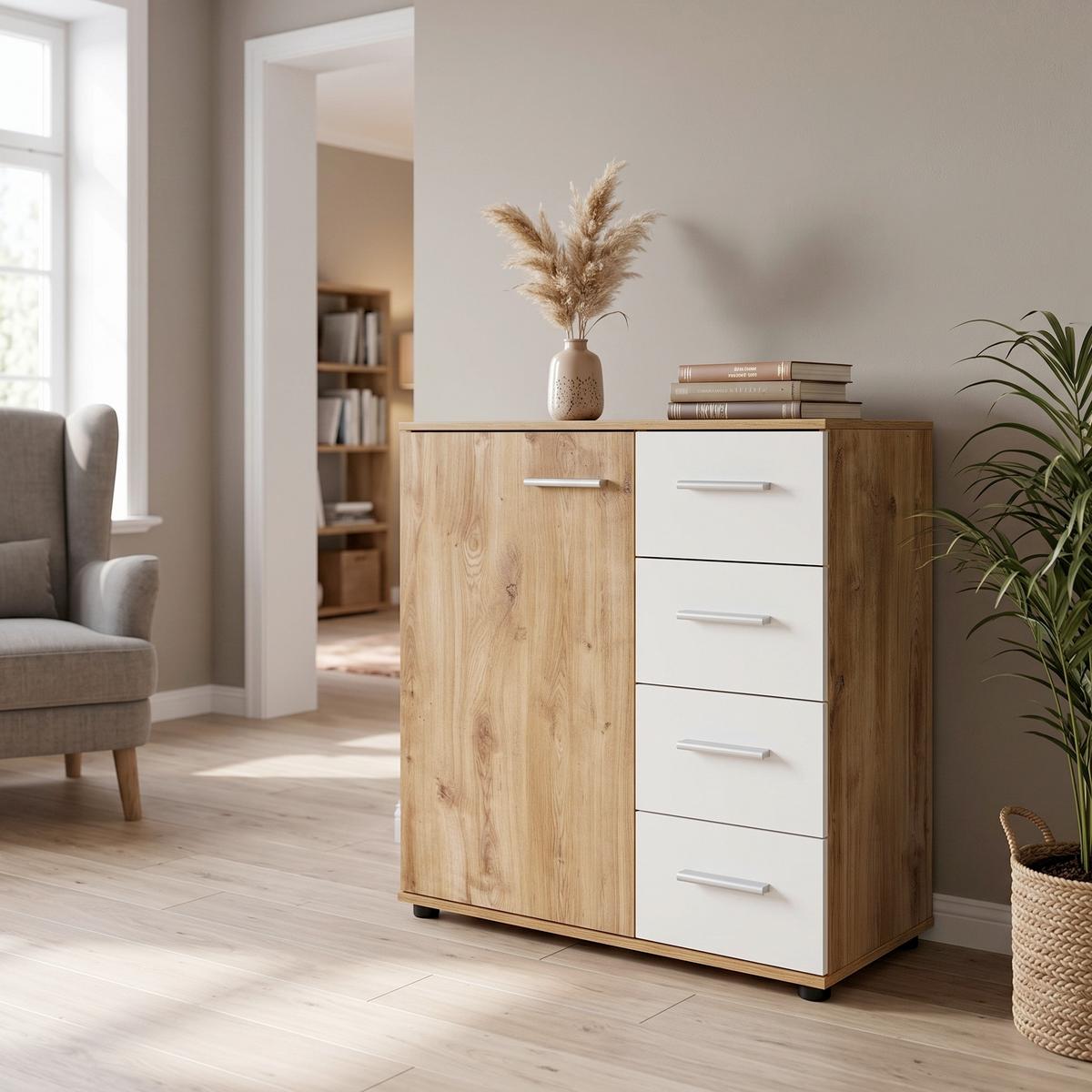 Kommode B 81cm Katrin Alpinweiß/ Balkeneiche Dekor - Eichefarben/Weiß, KONVENTIONELL, Holzwerkstoff (81/83/41cm)