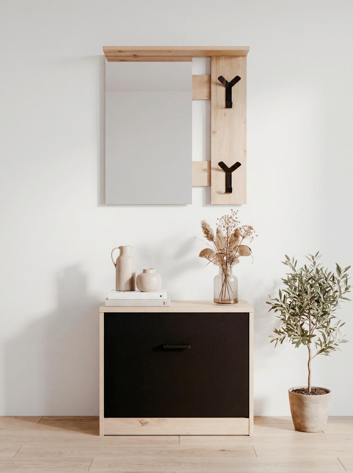Garderobe Limone Eiche Artisan/Schwarz B: 56cm - Schwarz/Eiche Artisan, Design, Glas/Holzwerkstoff (56/180/24,5cm)