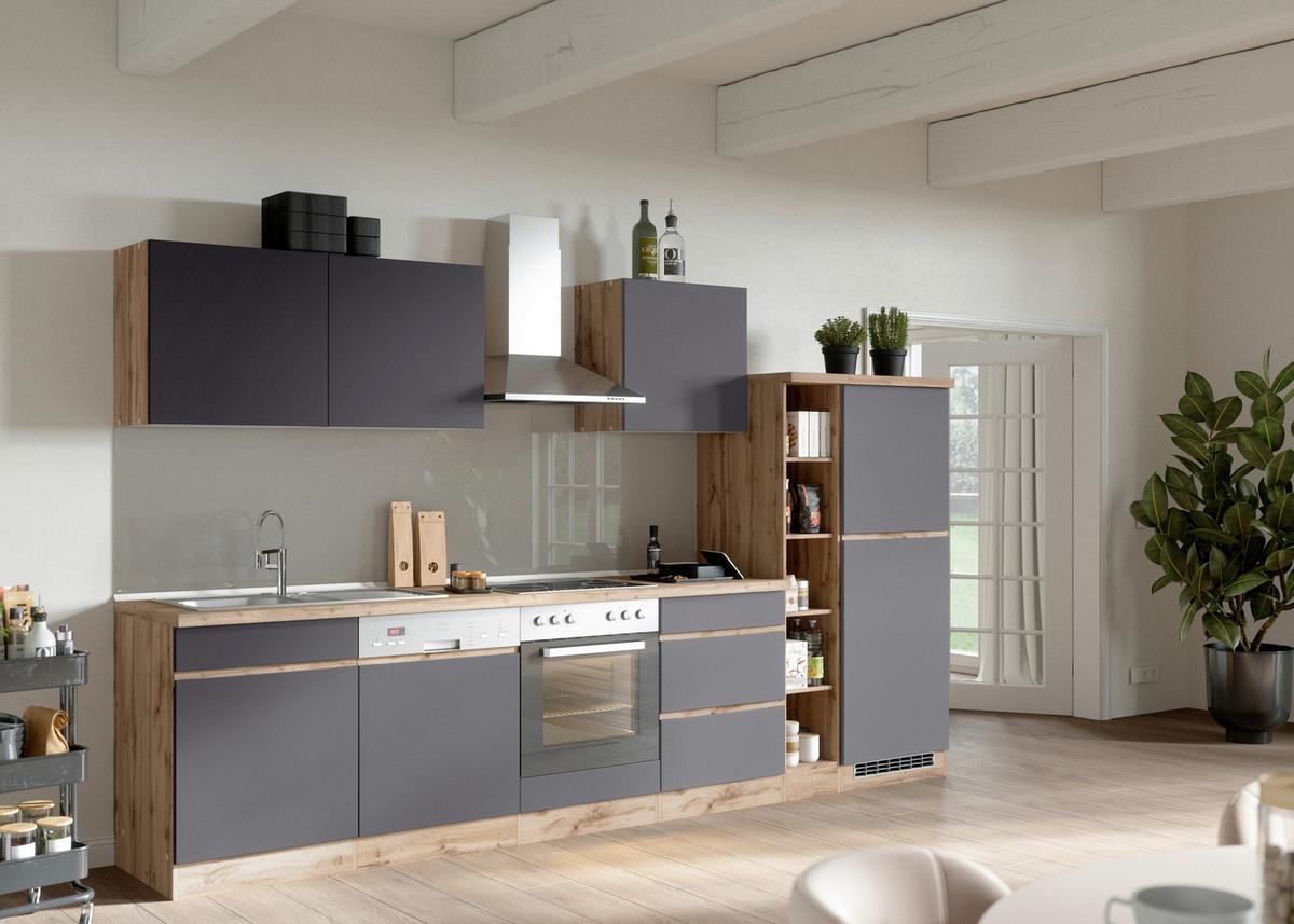 Küchenzeile Turin mit Geräte B: 330cm Grau/Wotaneiche Dekor - Eiche Wotan/Grau, Design, Holzwerkstoff (330cm) - Held