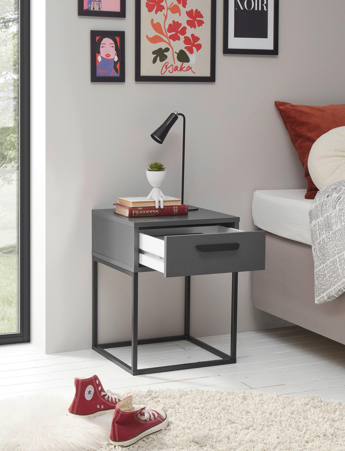 Nočný stolík SUNA 1 zásuvka dekor grafit - čierna/grafitová, Modern, kov/kompozitné drevo (40/52/38,5cm)