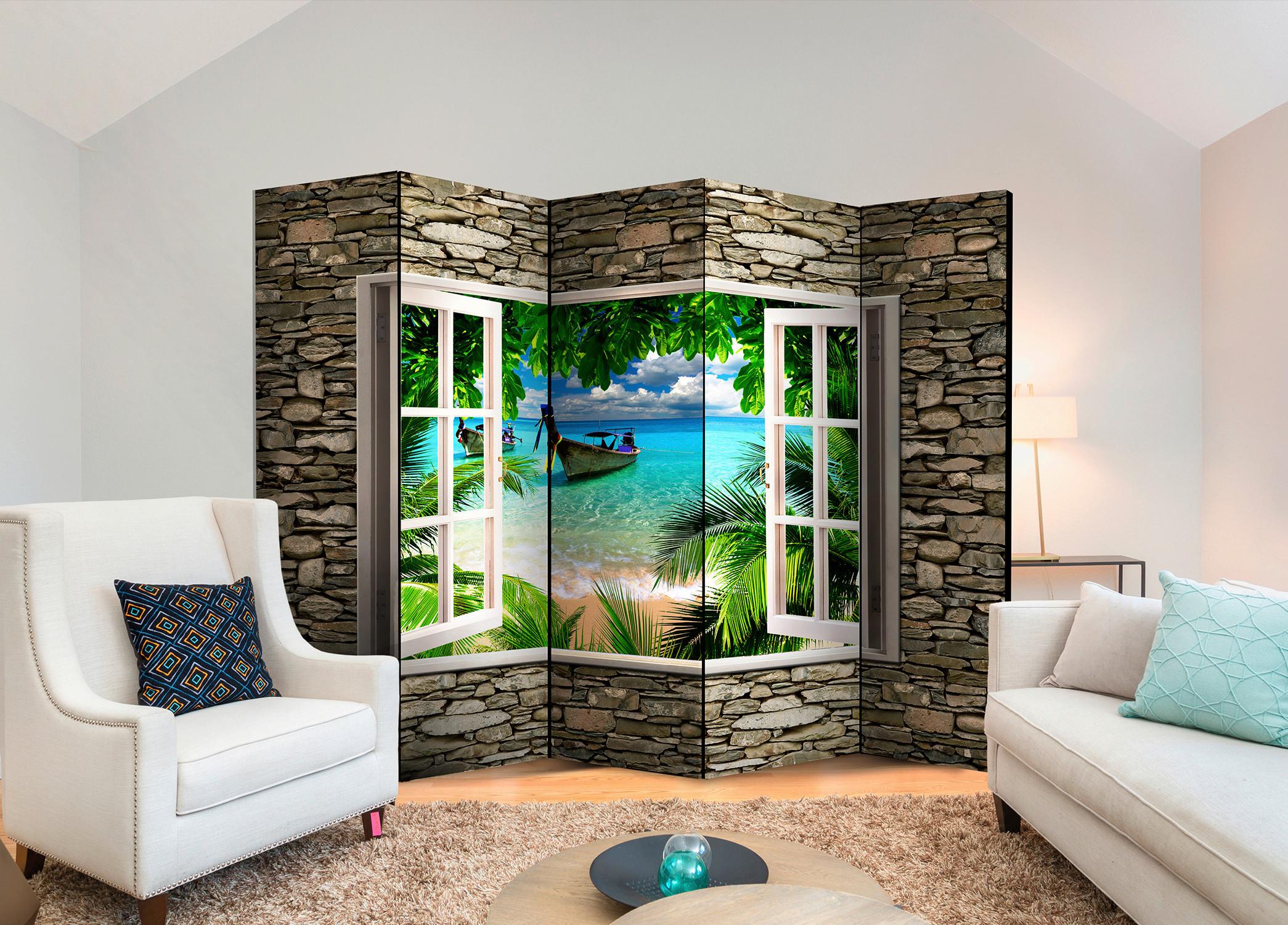 Paravent Braun Hellblau B: 225 cm - Braun/Hellblau, Basics, Holz/Textil (225/172/3cm) - artgeist