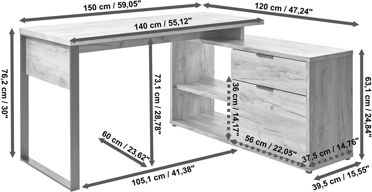 Eckschreibtisch Mit Stauraum B: 120cm H: 76cm Loop C 150 E - Eichefarben/Anthrazit, MODERN, Holzwerkstoff/Metall (150/120/76cm) - Livetastic