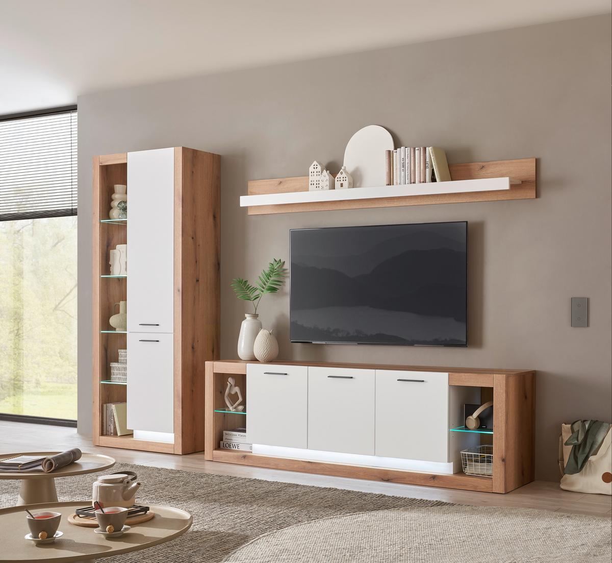 Wohnwand Brixen Weiß/Eichefarben B: 298cm - Eichefarben/Weiß, Design, Glas/Holzwerkstoff (298/195/43cm) - MID.YOU