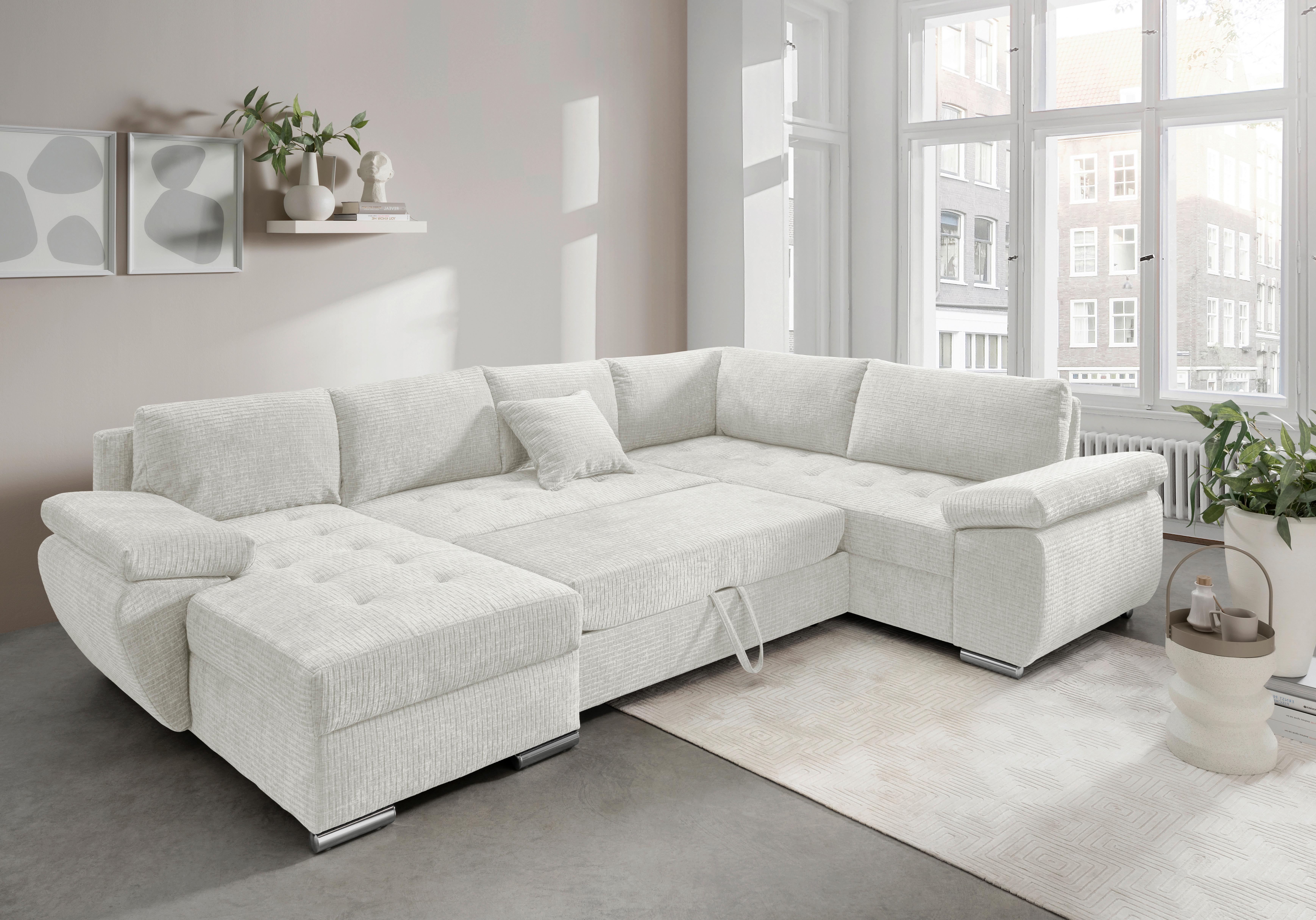Wohnlandschaft Terana Creme mit Schlaffunktion, Mikrofaser - Chromfarben/Creme, KONVENTIONELL, Textil (157/305/219cm) - Livetastic
