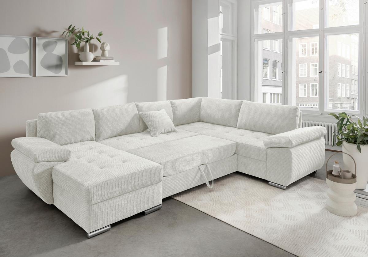 Wohnlandschaft Terana Creme mit Schlaffunktion, Mikrofaser - Chromfarben/Creme, KONVENTIONELL, Textil (157/305/219cm) - Livetastic