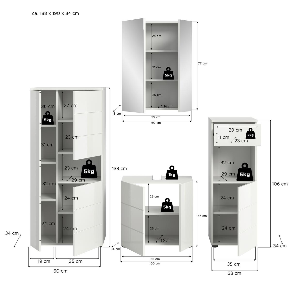 Badezimmer Vira Weiß B: 158 cm - Weiß Hochglanz/Schwarz, MODERN, Holzwerkstoff (158cm) - MID.YOU