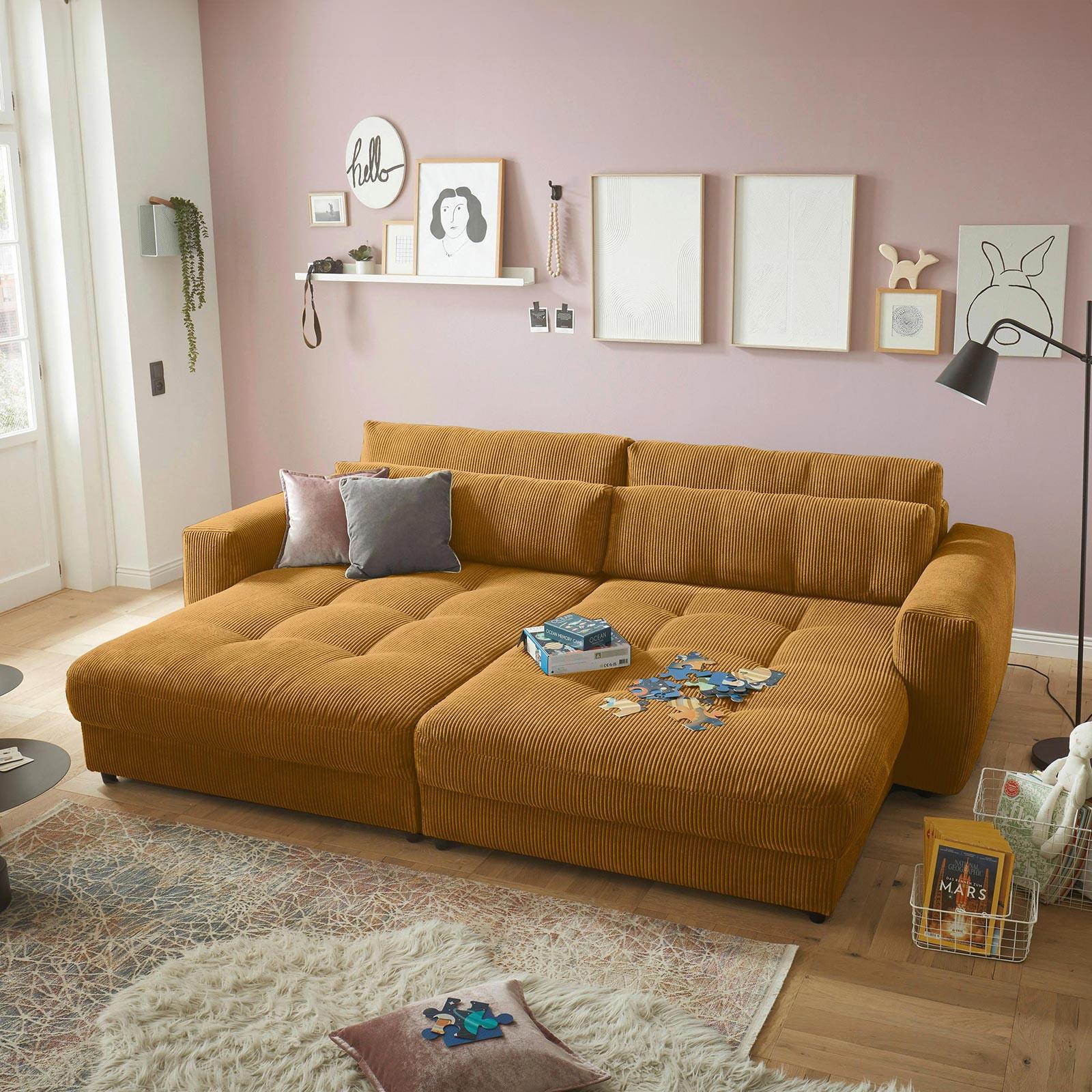 Mega pohovka LOVESEAT žlutá - černá/žlutá, Konvenční, kompozitní dřevo/textil (292/90/194cm) - MID.YOU