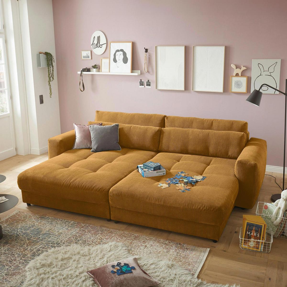 Mega pohovka LOVESEAT žlutá - černá/žlutá, Konvenční, kompozitní dřevo/textil (292/90/194cm) - MID.YOU